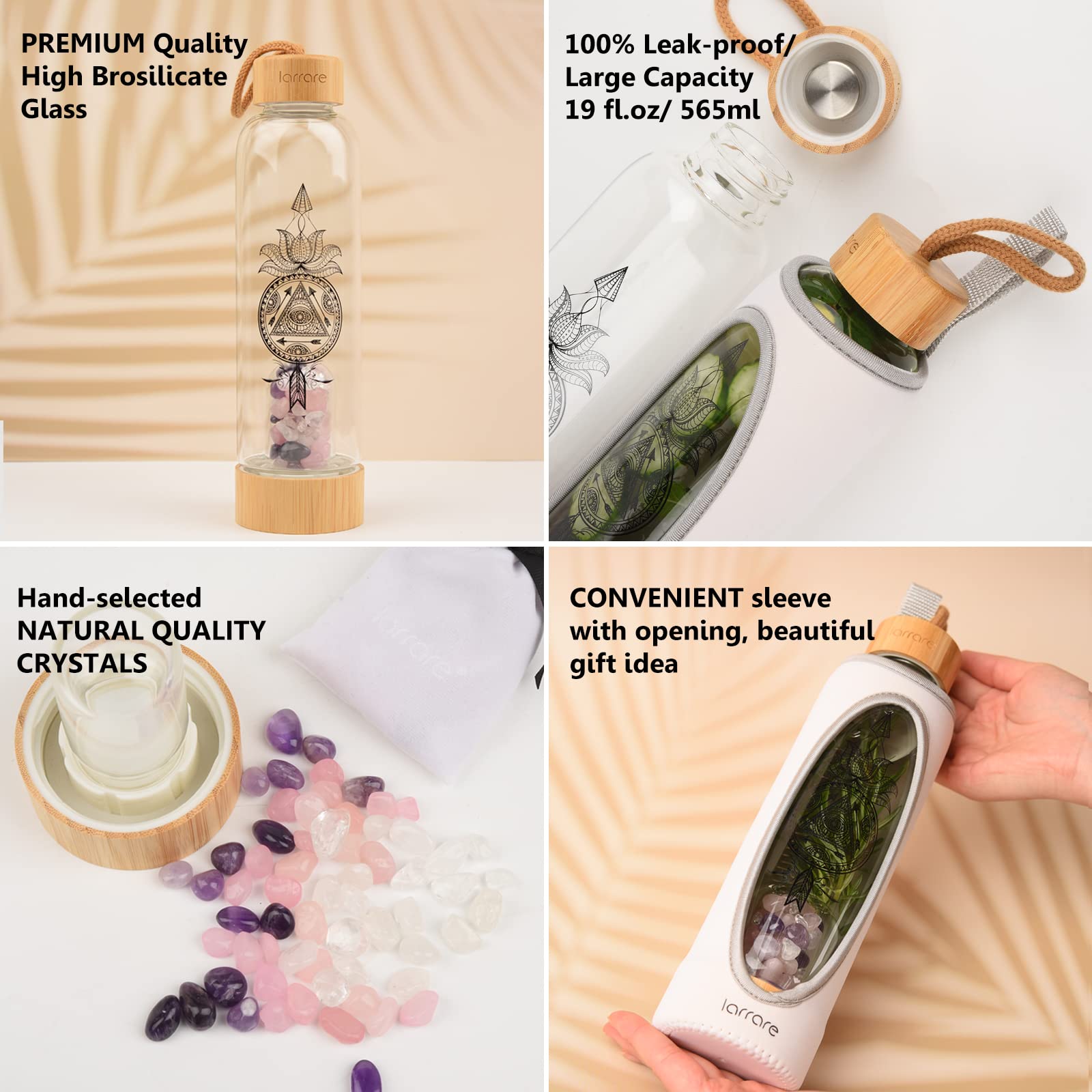 Larrare Kristall-Wasserflasche – 19 Unzen, Mit Austauschbaren Edelsteinen (Amethyst, Rosenquarz, Klarer Quarz) – Inkl. Neopren-Hülle