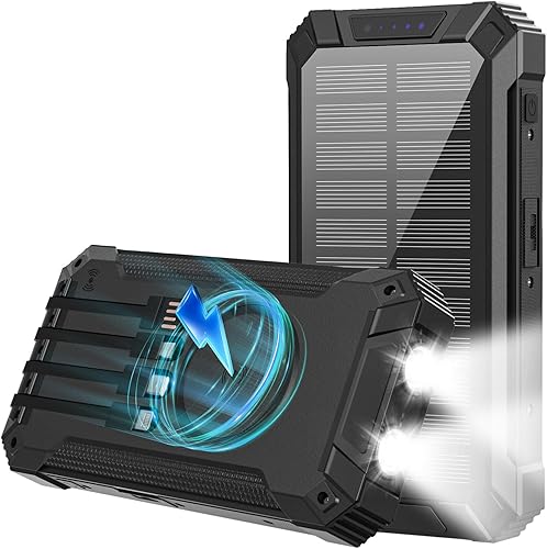 Banco de energía solar inalámbrico de 30000 mAh con 4 cables integrados con USB C, 6 salidas y 2 entradas para iPhone, Samsung, etc., a prueba de