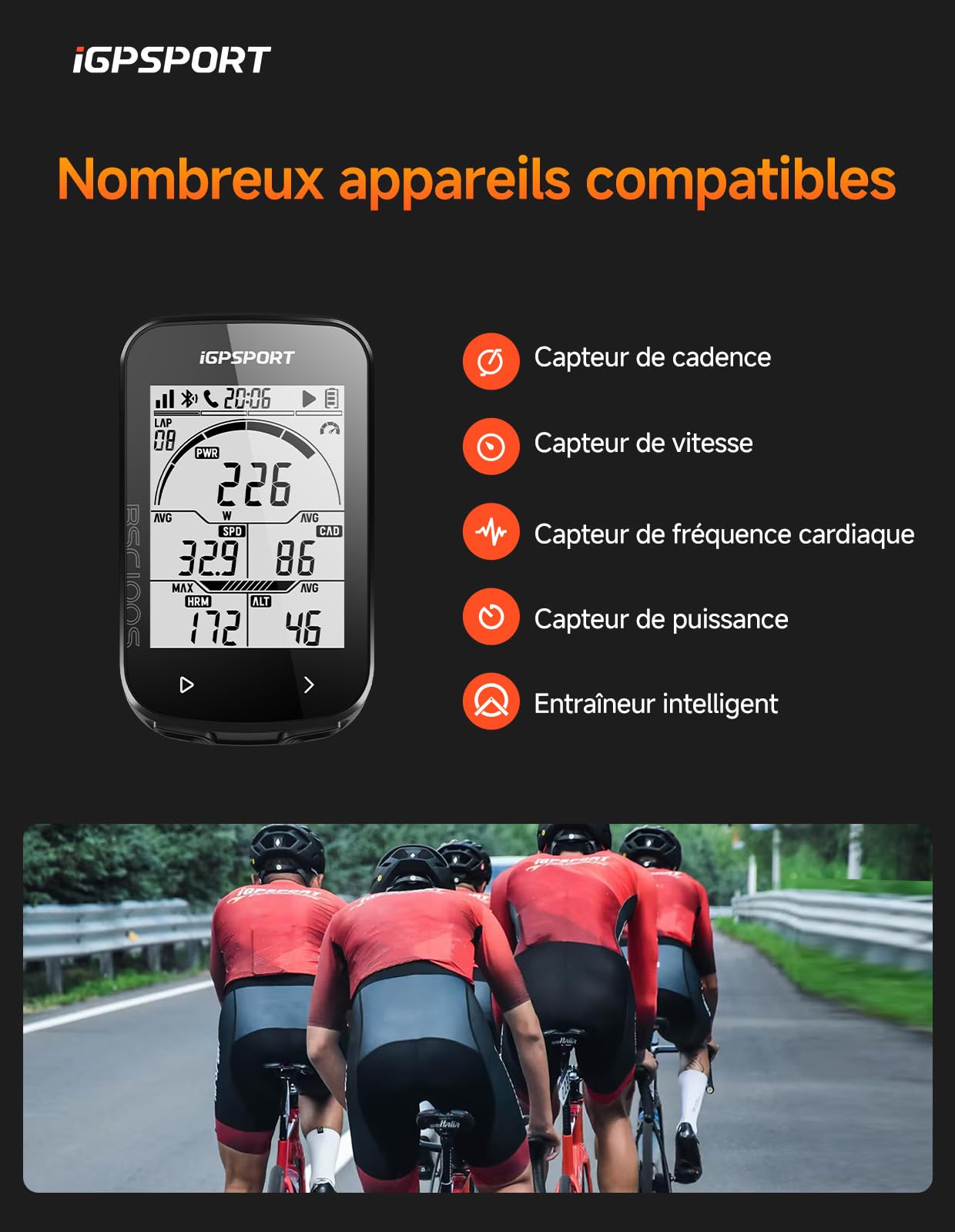 iGPSPORT BSC100S Compteur Velo sans Fil, Écran 2,6'' à Rétroéclairage Auto 40 Données Sportives 40H d’Autonomie Capteur Ant+/Bluetooth, IPX7 Étanche Compteur Velo GPS Ordinateur de Vélo GPS Velo