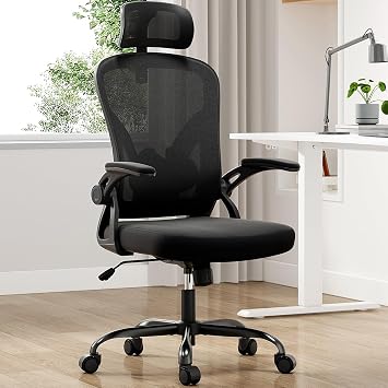 High Back Ergonomic Office Chair, Breathable Mesh Desk Chair with Adjustable Lumbar Support, Headrest & Flip-Up Armrests, Computer Gaming Task Chair for Home and Executive Office Black & Dark Black
