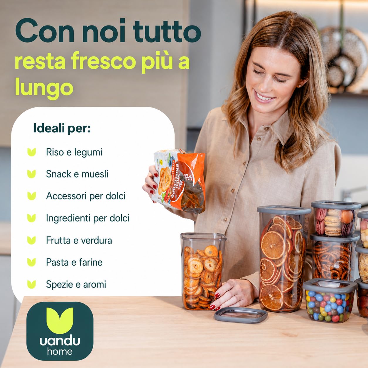 uandu Scatola portaoggetti da cucina, confezione da 12, barattoli ermetici alimentari in plastica sigillati con coperchio, barattoli portaoggetti da cucina in plastica, senza BPA, contenitori per