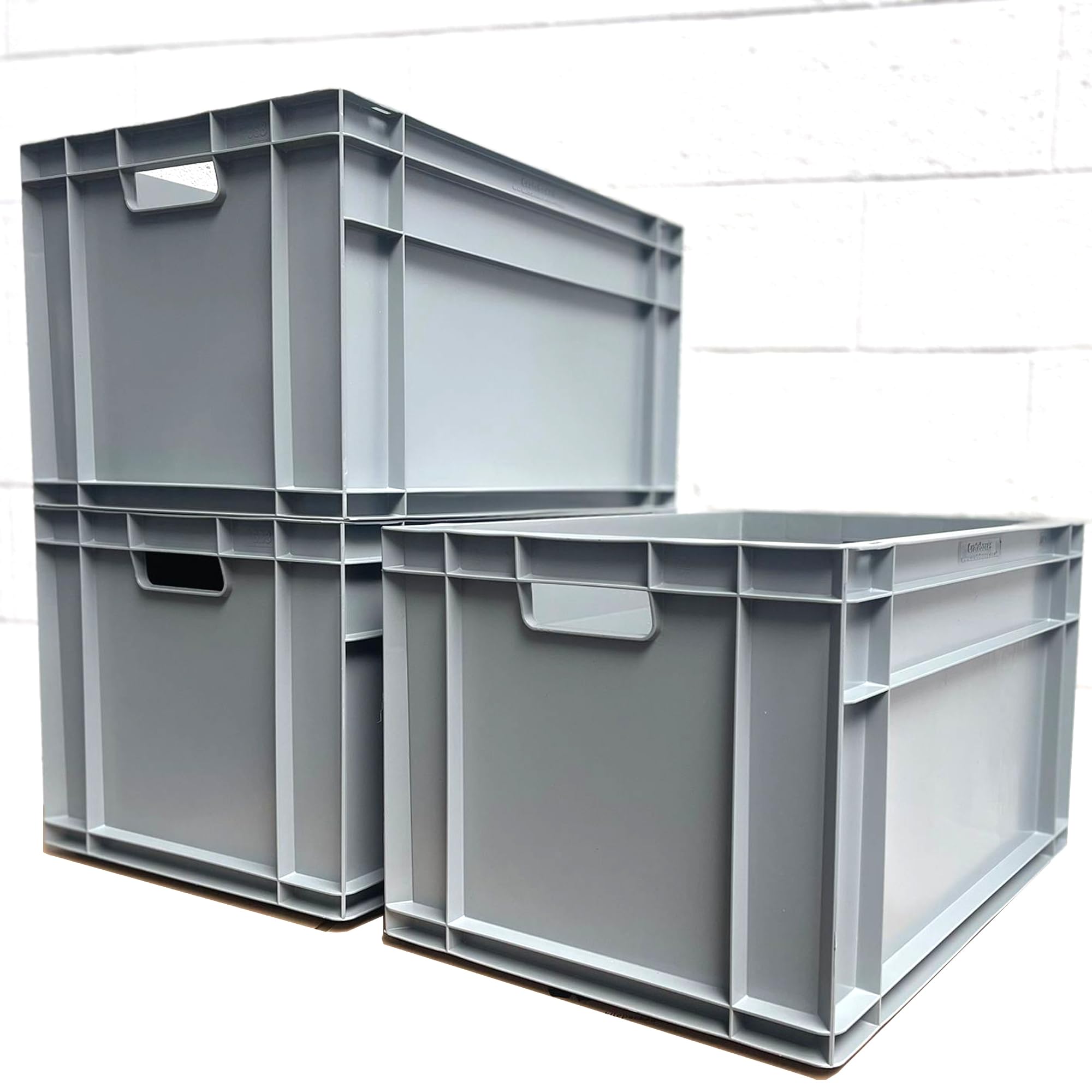 Autorce Grey 3X 66L Heavy Duty Plastic Storage Boxes – Large Industrial Euro Containers 600X400x320mm – Stackable Crates For Warehouse, Garage, Tools, Home & Commercial Use (Grey)