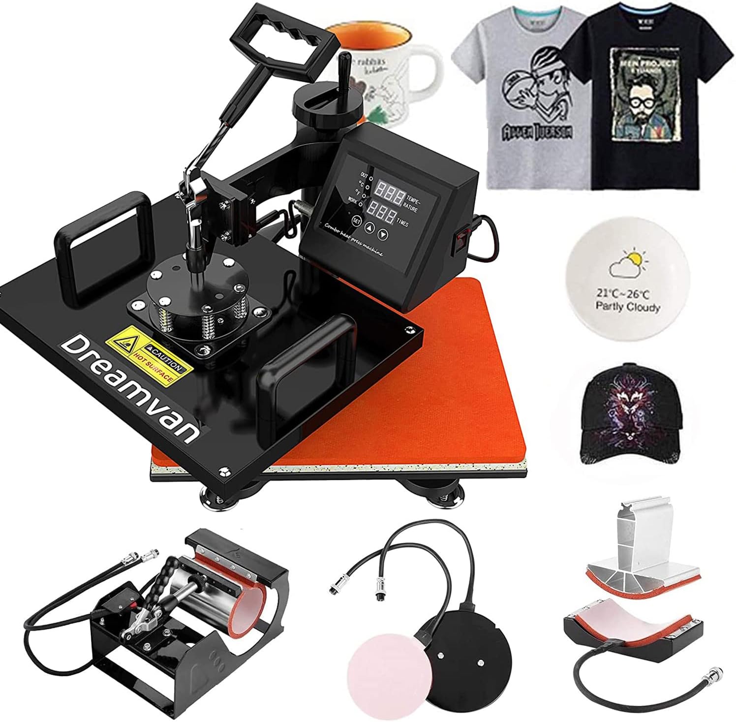 Heat Press 5 in 1 Shirt Heat Transfer Pressing Machine 360° Swing Away Digital Tshirt Press Multifunction Sublimation Machine Combo Heat Press Machine for T Shirts Mugs Hat Plate