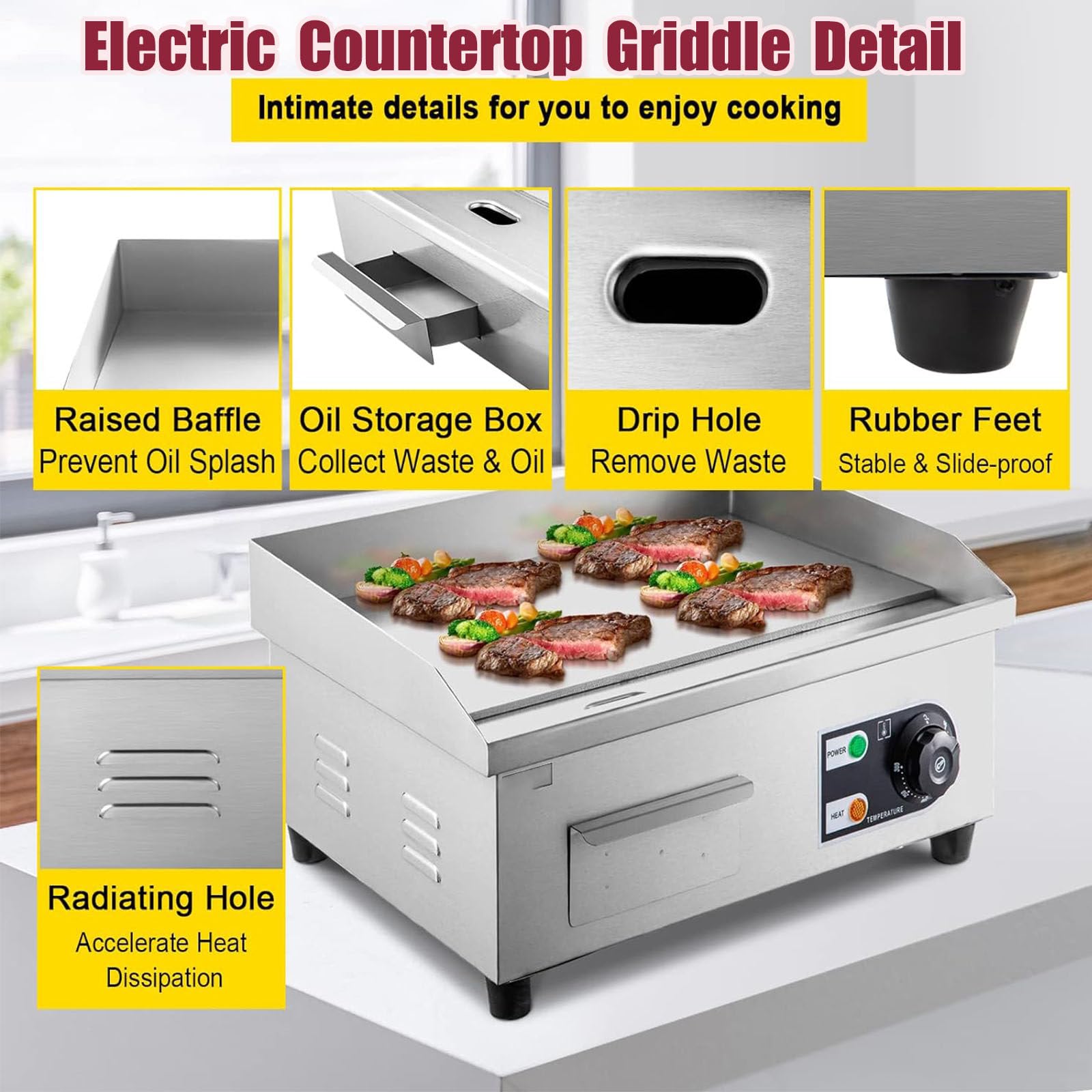 UMJIGF Electric Griddle, Commercial Countertop Griddle Hot Plate Non-Stick Stainless Steel Teppanyaki Grill,Evenly Heated for Camping Restaurant,