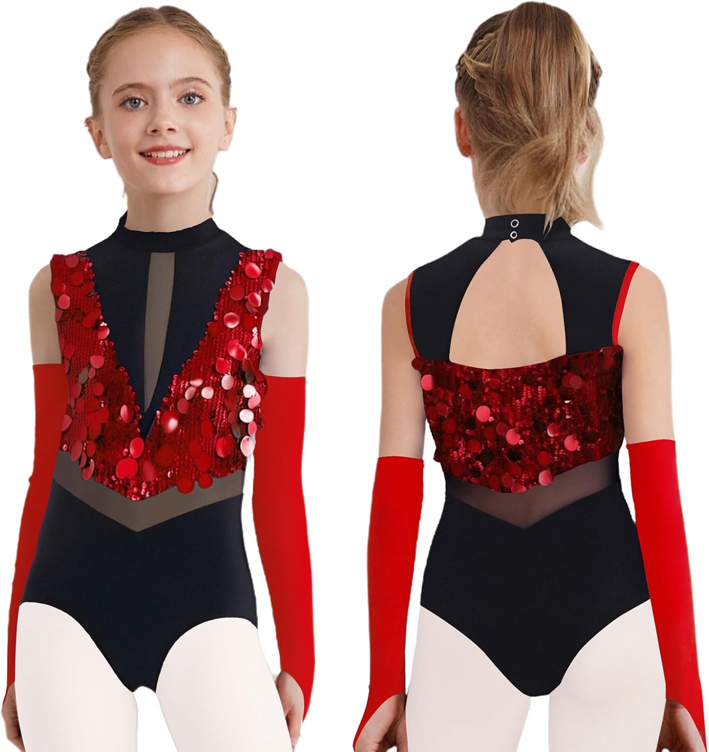 Gymnastic Outfits for Girls Sequins Ballet Leotard Color Block Latin Jazz Modern Dance Bodysuit with Gloves