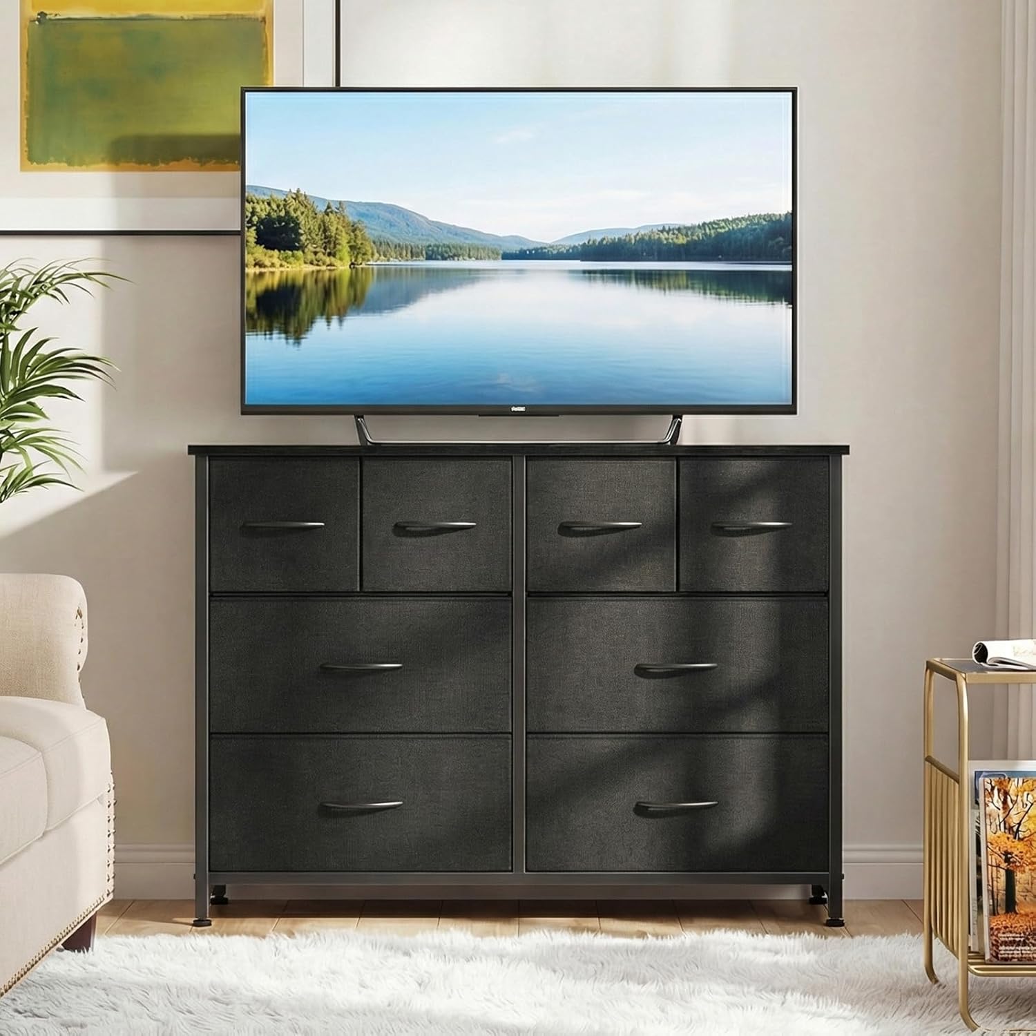 DUMOS Dresser for Bedroom with 8 Fabric Drawers, Wide Fabric Dresser for Closet, Storage Tower with Wood Top and Mental Frame, Storage Unit for Living Room,Hallway, Entryway, Black