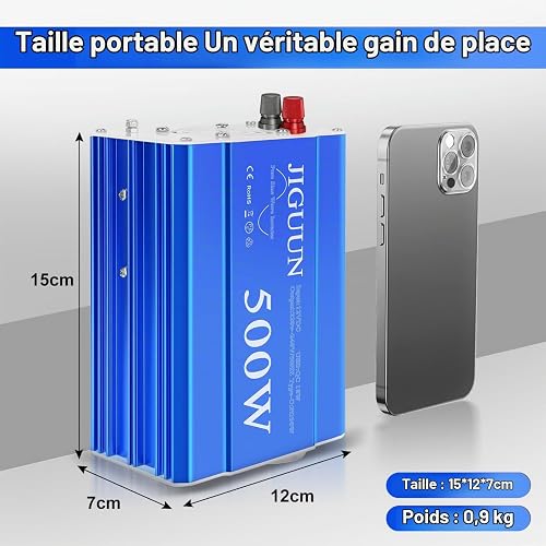 JIGUUN 500W Inverter 12V 220V onda pura Trasformatore | Potenza di picco 1000W con 1 presa EU 2 porte USB 2 porte Type-C 30W per auto, campeggio, viaggi, emergenze - 6