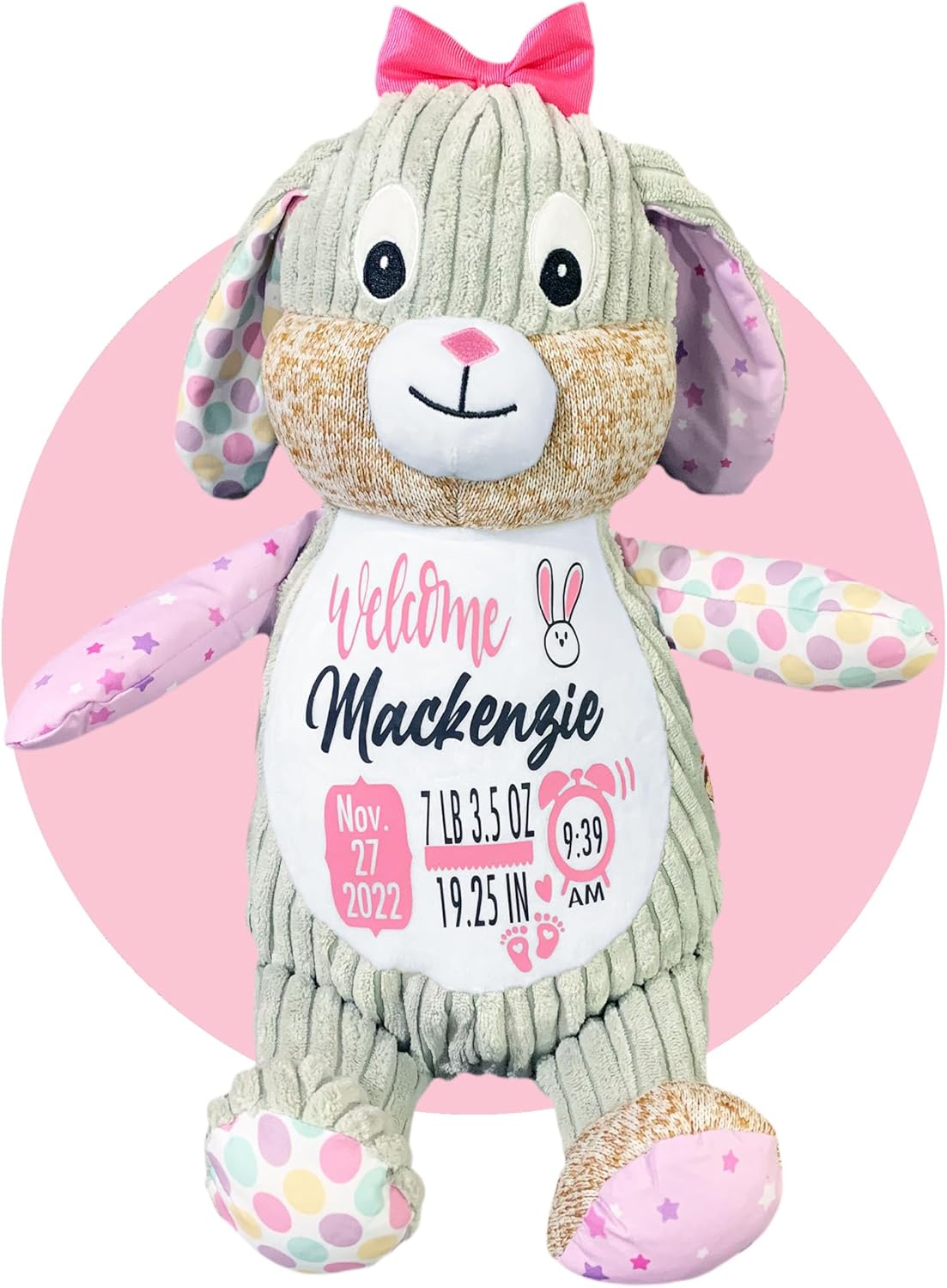Birth Stats Stuffed Animal - Personalized Birth Announcement Stuffed Animals - Personalized Baby Keepsake - Baby Shower Gift - Birth Information Bunny Plush - Gift Wrapped - Removable Cover