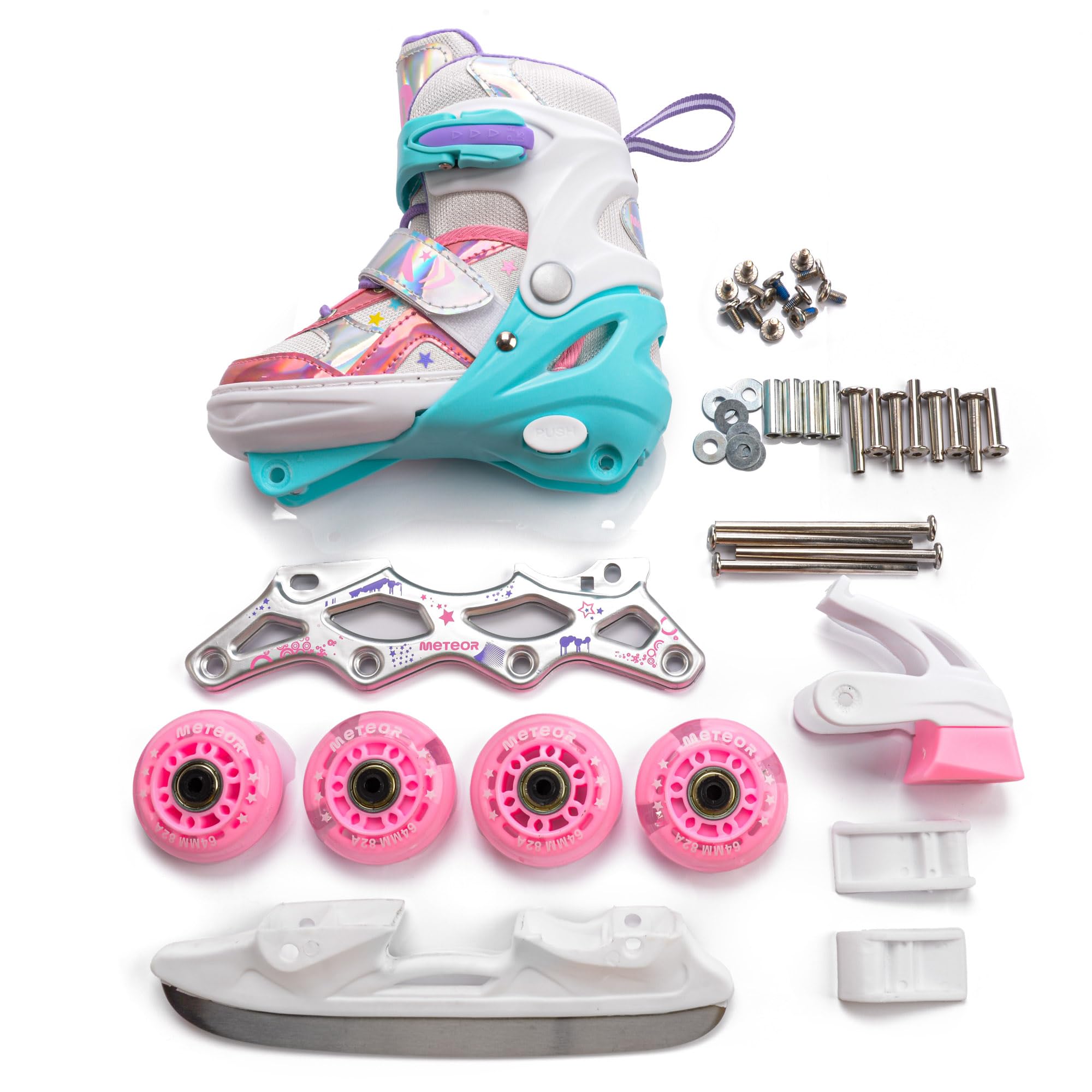 Patins à roulettes pour Enfants 4 en 1 réglables 25-37 – Rollers, quads et Glace – Coque Haute Stable, Roues PU, ABEC-7 – par Meteor