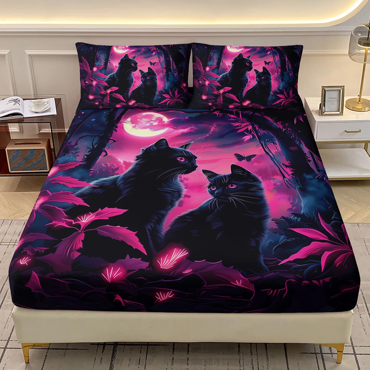 AILONEN Black Cat Fitted Sheet Set, Full Size, Cartoon Mother Son Kitten Bedding Set for Kids Boys Girls,Boho Style Moon Bed Sheet Set,3 Pieces, 1 Fitted Sheet and 2 Pillowcases