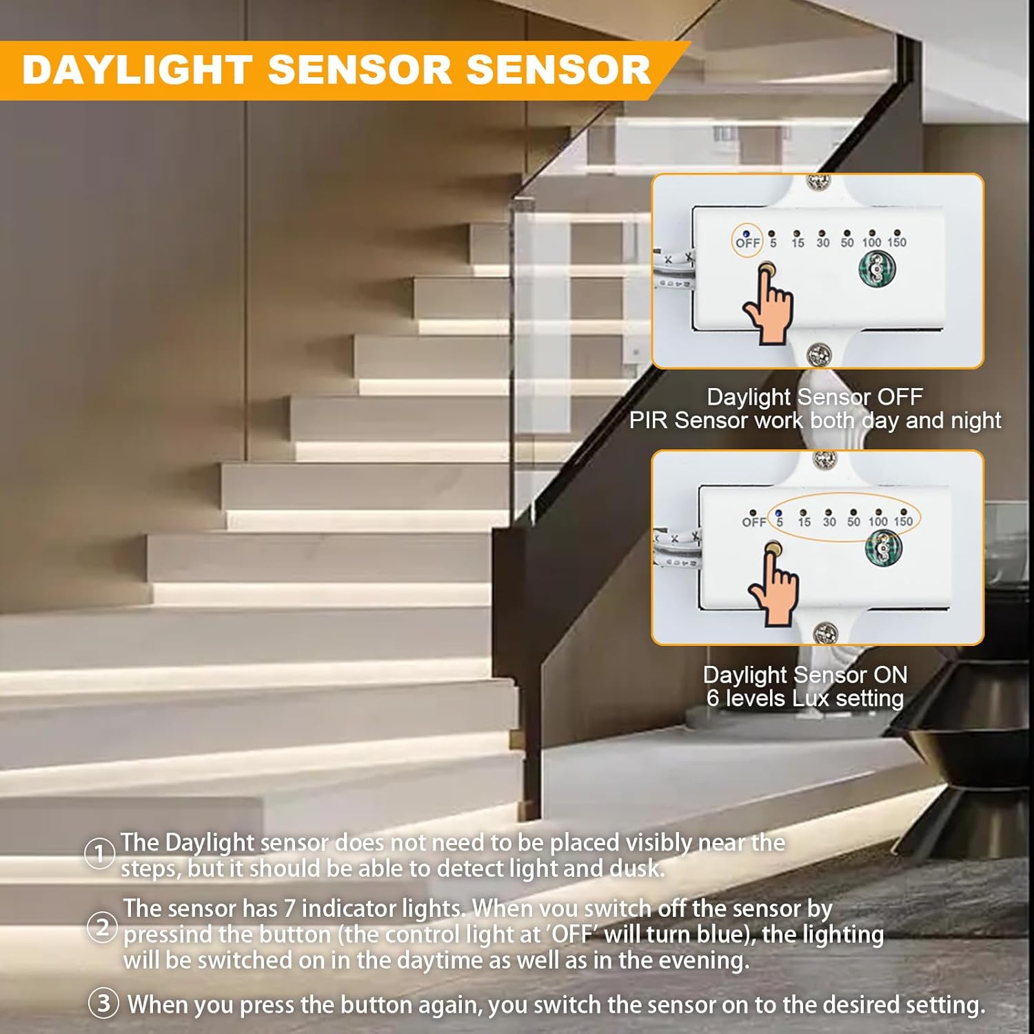 Indoor LED Stair Light Motion Sensor Complete Set Stair Running Light with COB LED Strip Light Cascading Stairwell Staircase Lighting Under Tread Lights with Remote for New Construction