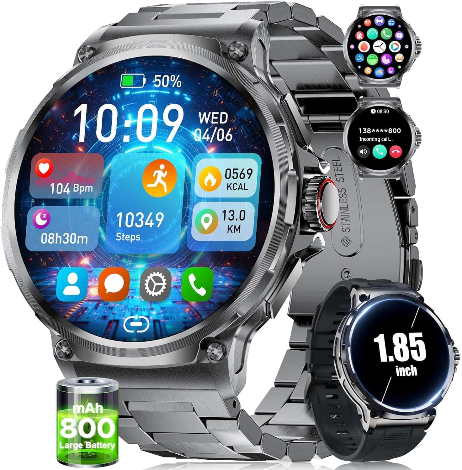Military Smart Watch for Men,1.85″ HD/800mAh Battery Smart Watches for Android iOS (Bluetooth Call Answer/Calls) Fitness Tracker with Heart Rate/Sleep Tracking/Blood Oxygen Black