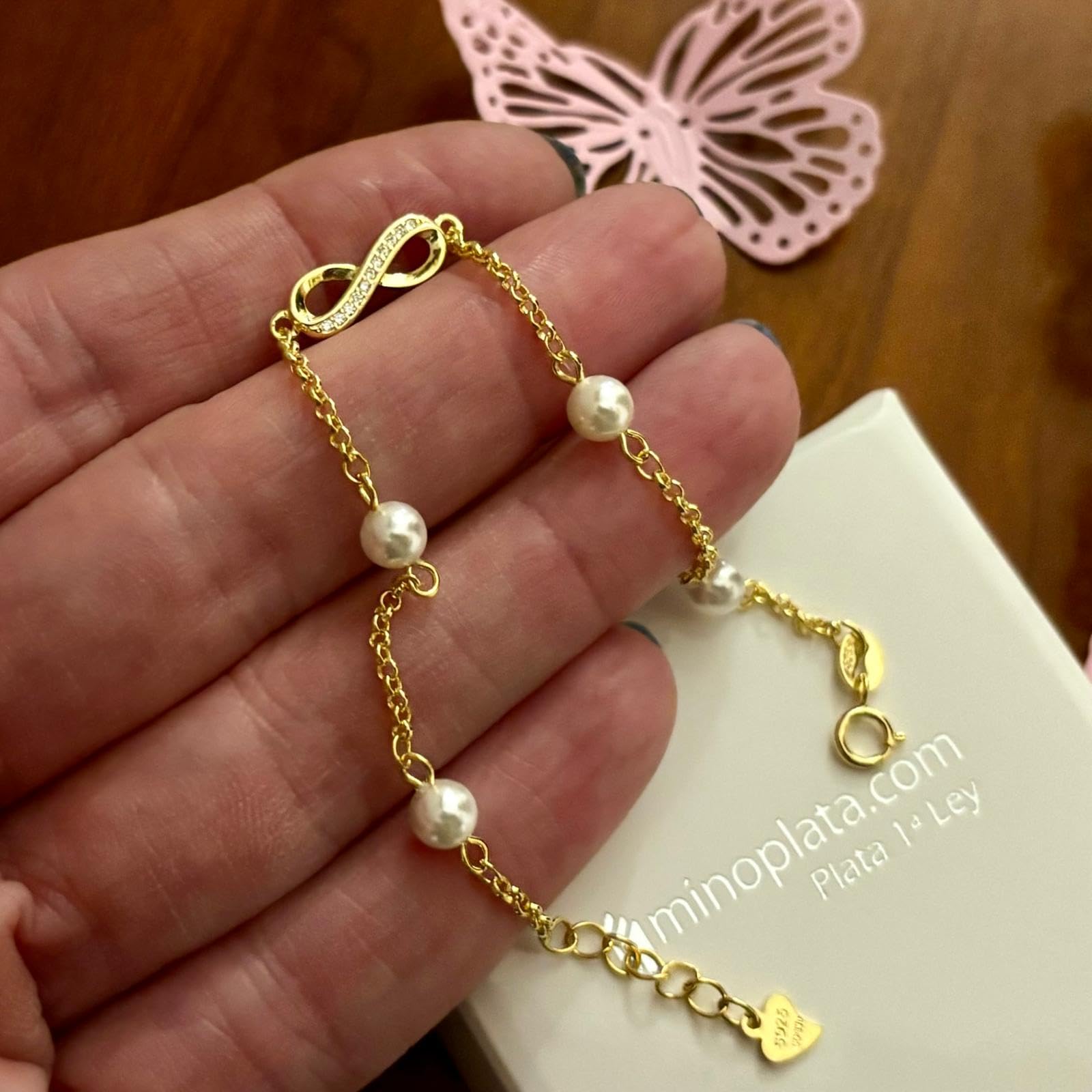 Pulsera infinito de Plata de ley chadapa en Oro con Perlas cultivadas para niña