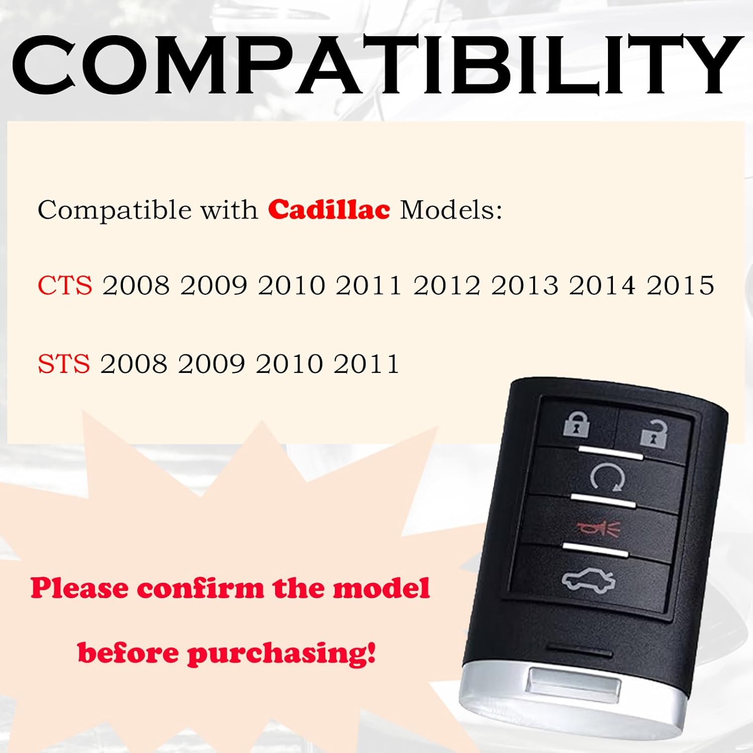 SUPALAND Key Fob Replacement Fits for Cadillac CTS 2008 2009 2010 2011 2012 2013 2014 2015 STS 2008-2011 Push Start Button Smart Proximity Keyless Entry Remote Start Control M3N5WY7777A 25943677