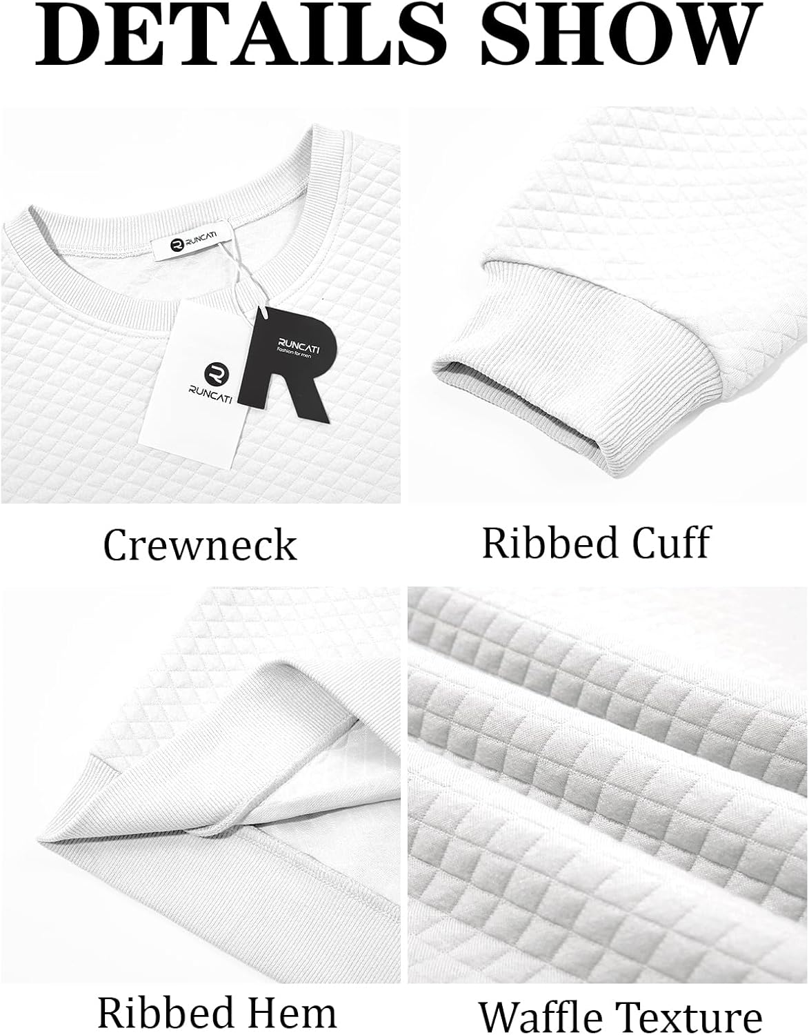 Runcati Mens Crewneck Sweatshirts Quilted Diamond Textured Pullover Long Sleeve Casual Fashion Sweatshirt - Image 5