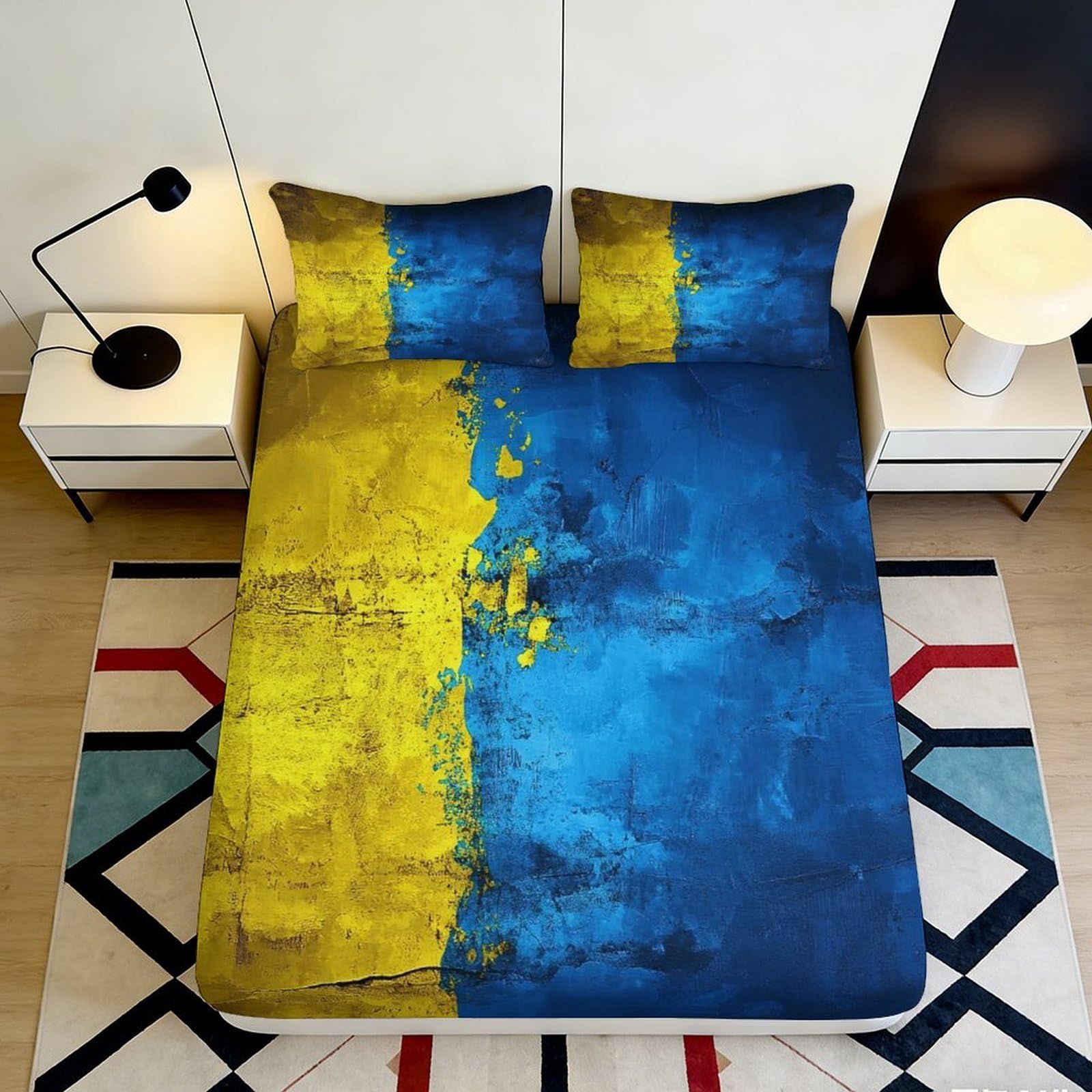 3D Printed Abstract Blue Yellow Fitted Sheet Microfiber Deep Pocket Bedroom Bedding Art Mattress Fitted Cover for Adults 200x200x25cm 90x200x25cm