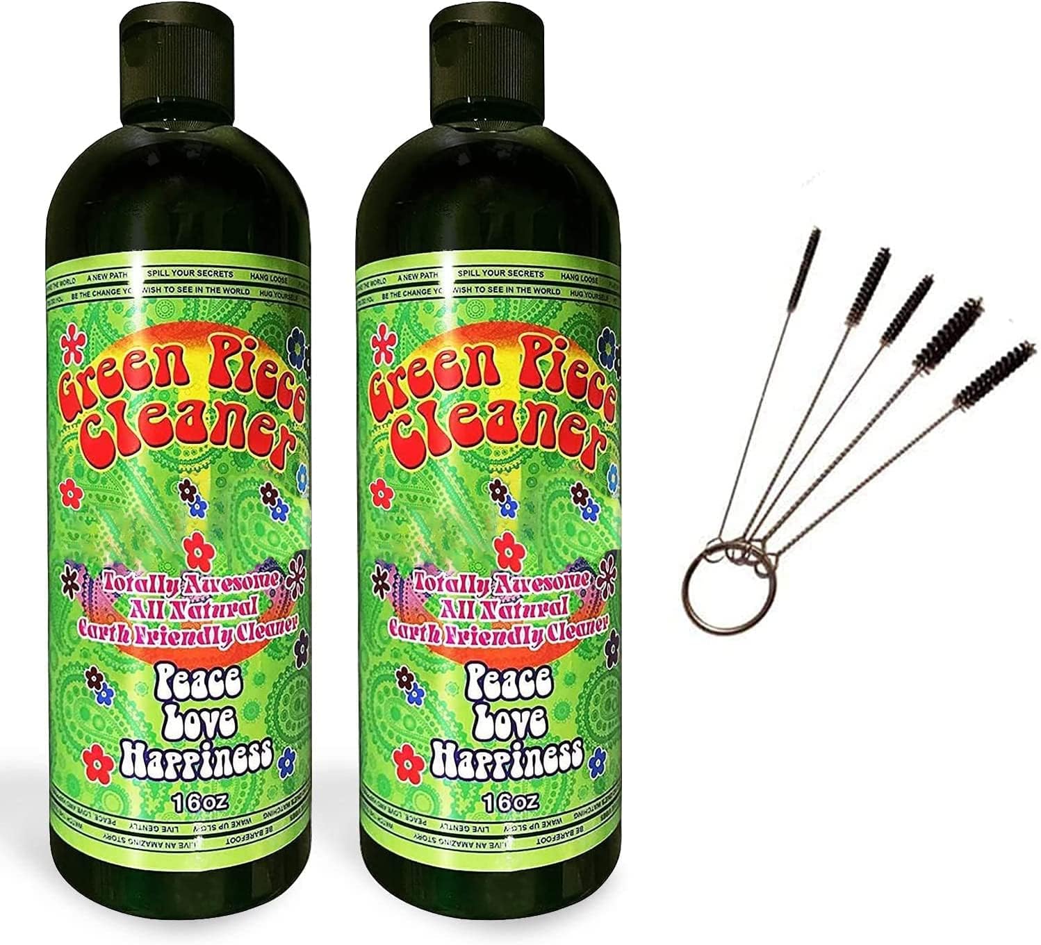 Glass Cleaner 2 Bottles (Made in USA) -16 oz and 5 Piece Mini Metal Nylon Tube Pipe Cleaner Brush Set with Keychain Ring Combo