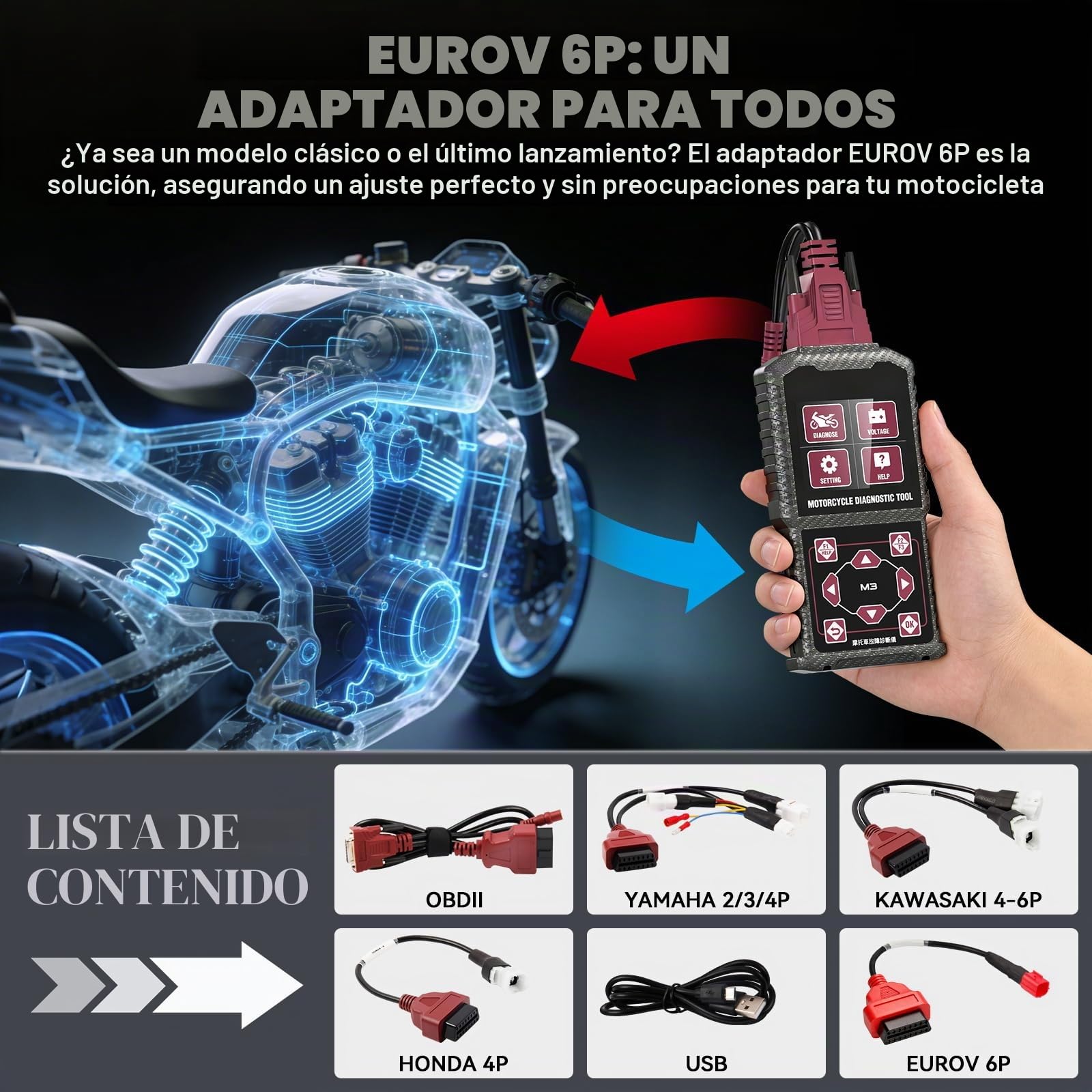 Equipo de diagnóstico OBD2 para Motocicletas con Cable Euro-5, Lector y escáner de códigos de fallo para Motocicletas, Compatible con Yamaha 2/3/4P, Kawasaki 4-6P, Honda 4P y Motocicletas OBDII