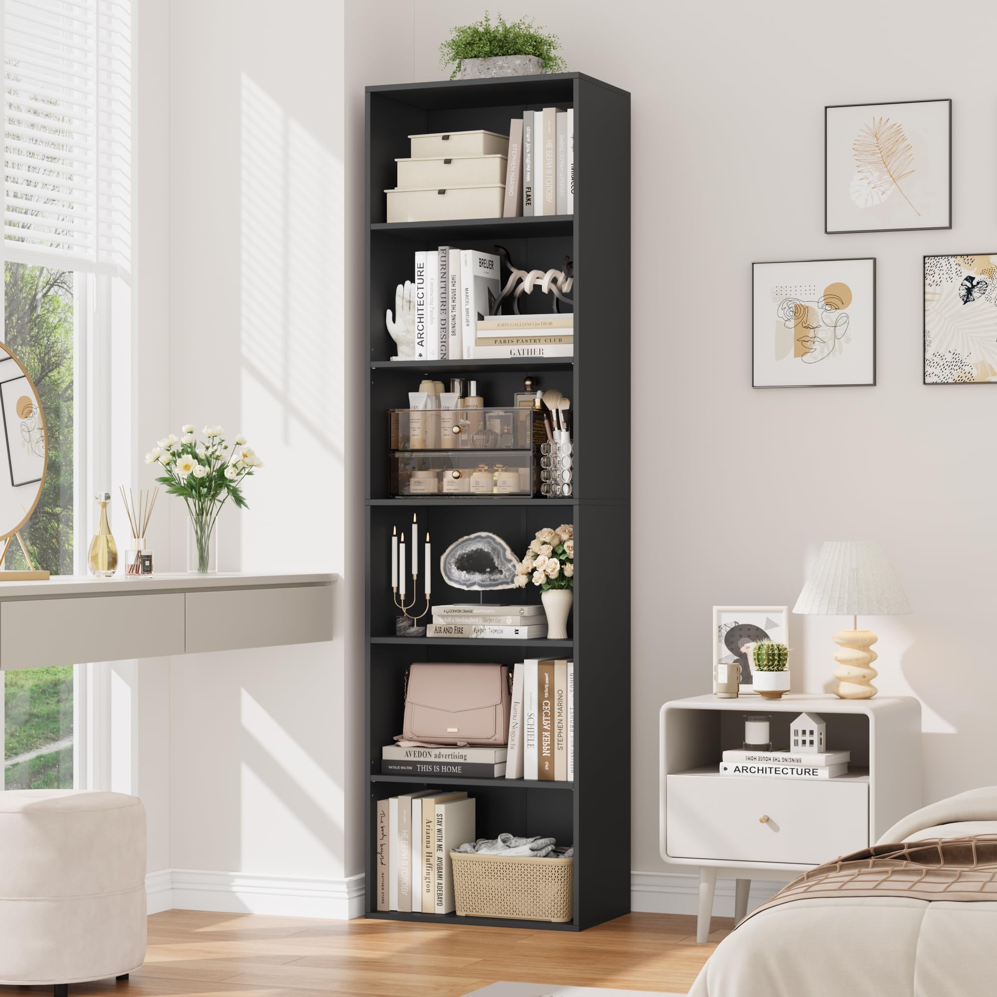 FirFurd Estantería Libros Sinfonier Alto Librería Madera, 6 Compartimentos | Librería Estantería, Biblioteca, Estanterias Almacenaje, Estrecha y Alta, para Salón Oficina Dormitorio Negro 48x30x191Al.cm
