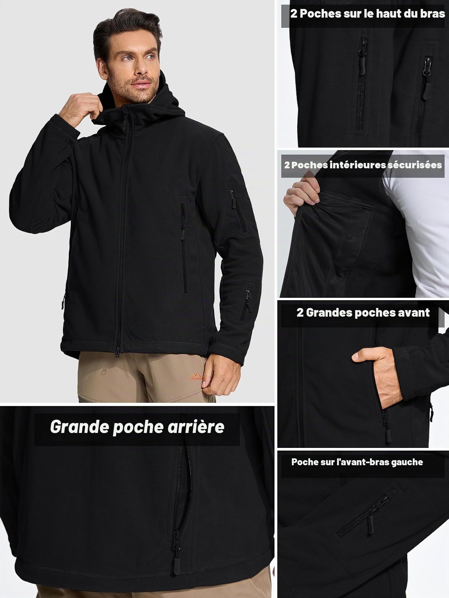 TACVASEN Veste Polaire Homme Veste Tactique Homme à Capuche Zippée Coupe-Vent de Militaire Camping Randonnée Chasse Manteaux d'hiver avec Poches Zippées