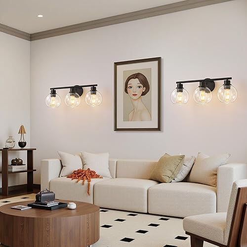 Miniatura 3 de Lámparas de baño sobre espejo, 3 luces, lámpara de tocador de baño con pantalla de vidrio transparente de 22 pulgadas, modernas luces negras de