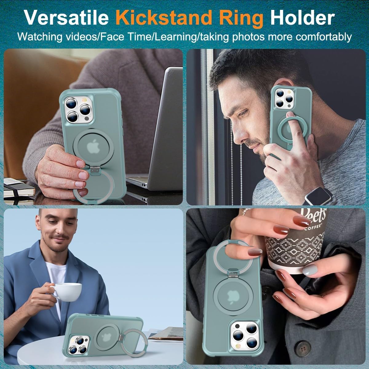 CHAOFEnG Magnetic Compatible with iPhone 16 Pro Max Case with Stand [Military Grade Drop Tested][Compatible with Magnet] Ring Translucent Slim Hard Back Soft Edge, Teal Green