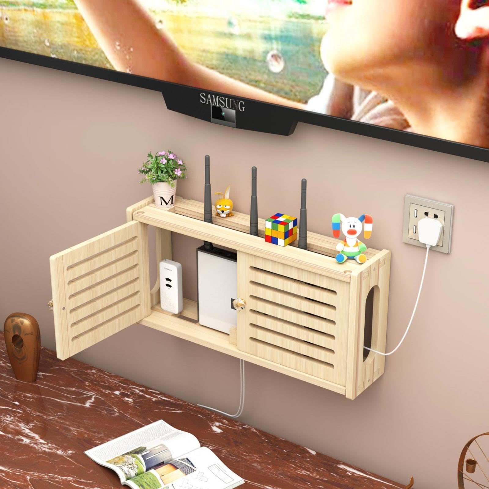 Supporto da Parete Modem Wifi Mensola Parete Router Wifi da Parete Mensola per Tv in Legno Supporto Telefono Parete Scatola,C-71x28cm
