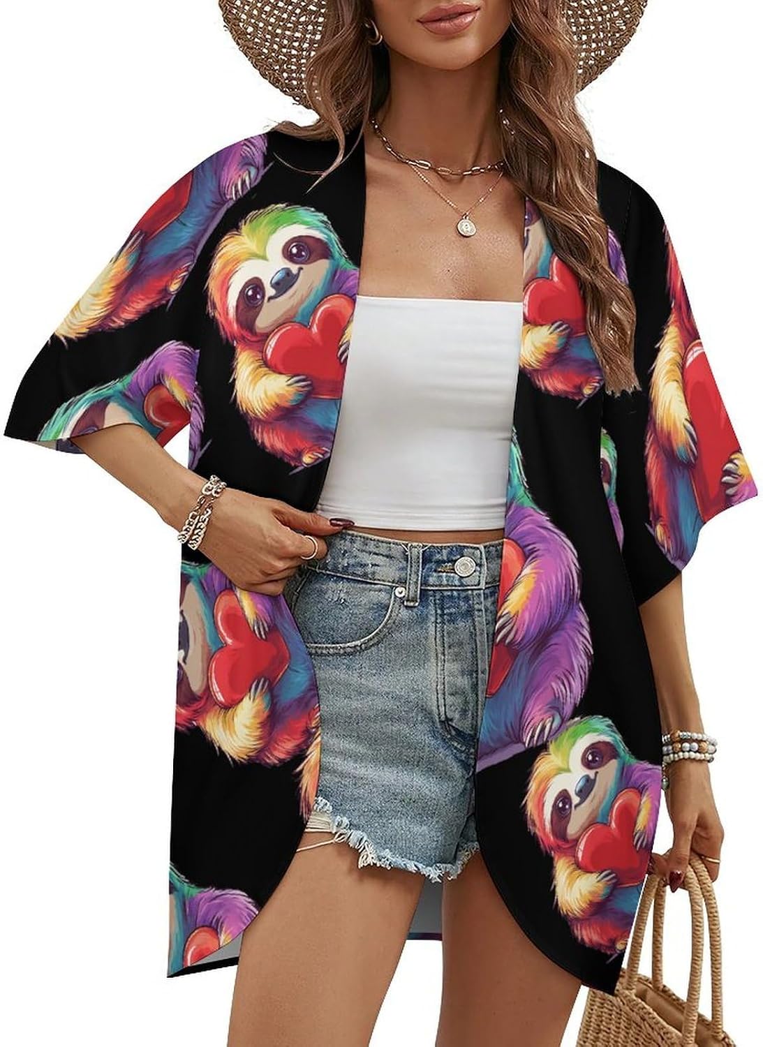 Colorful Sloth Heart Women's Open Front Cardigan Short Sleeves Jacket Lightweight Sweaters Tops