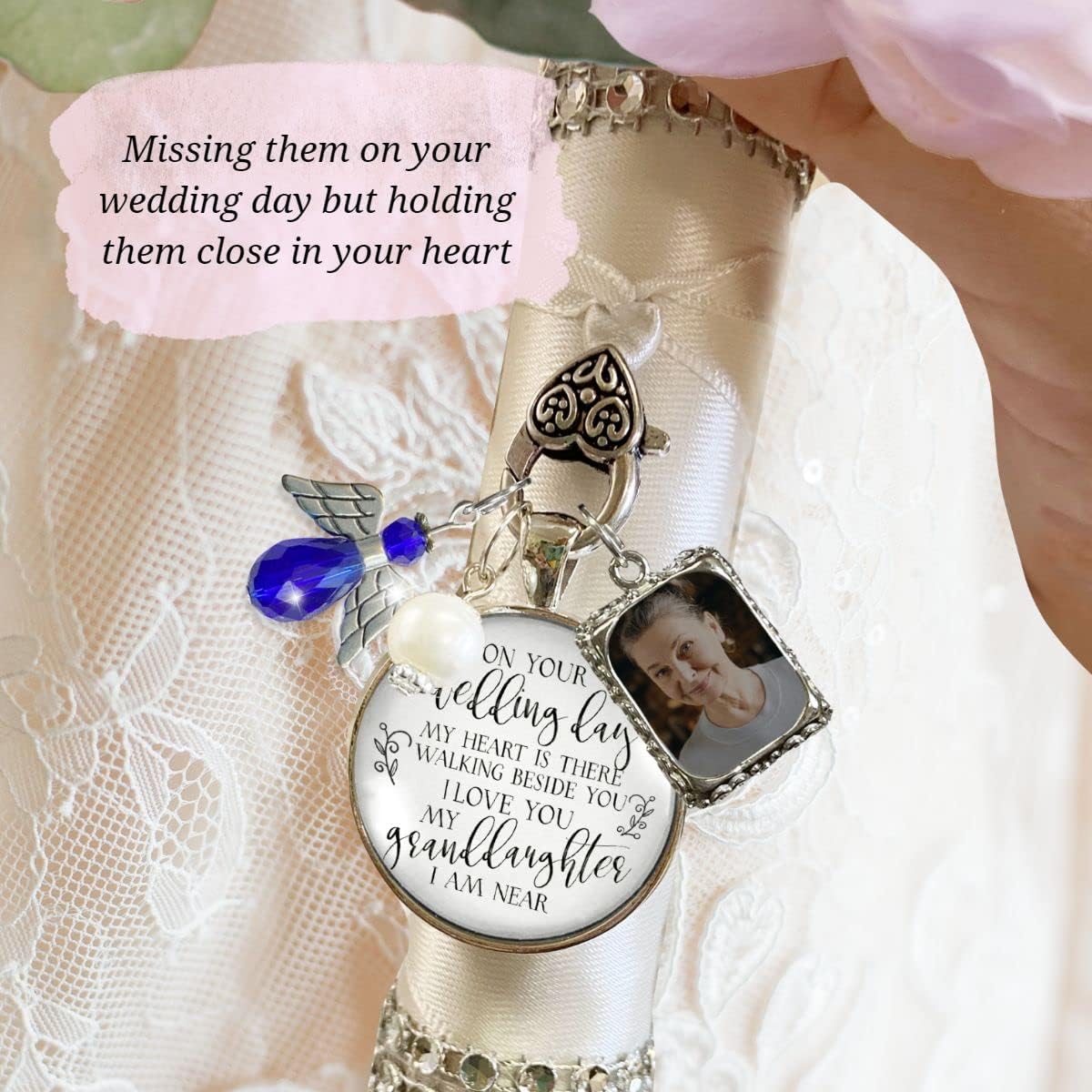 Bouquet Photo Charm Wedding Memory Something Blue Angel - I Know You'd Be Here If Heaven Honor Love One, Silver Finish Handmade Bridal Jewelry White Glass Pendant 2 Frames Gift Message & Box for Bride