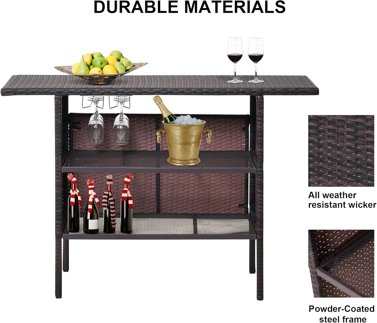 FHFO Patio Bar Table Outdoor Bar Table Patio Wicker Bar Counter Table Backyard Furniture Portable Bar Table Patio Side Table with 2 Steel Shelves and Goblet Wine Glass Holders for Pool Party Backyard