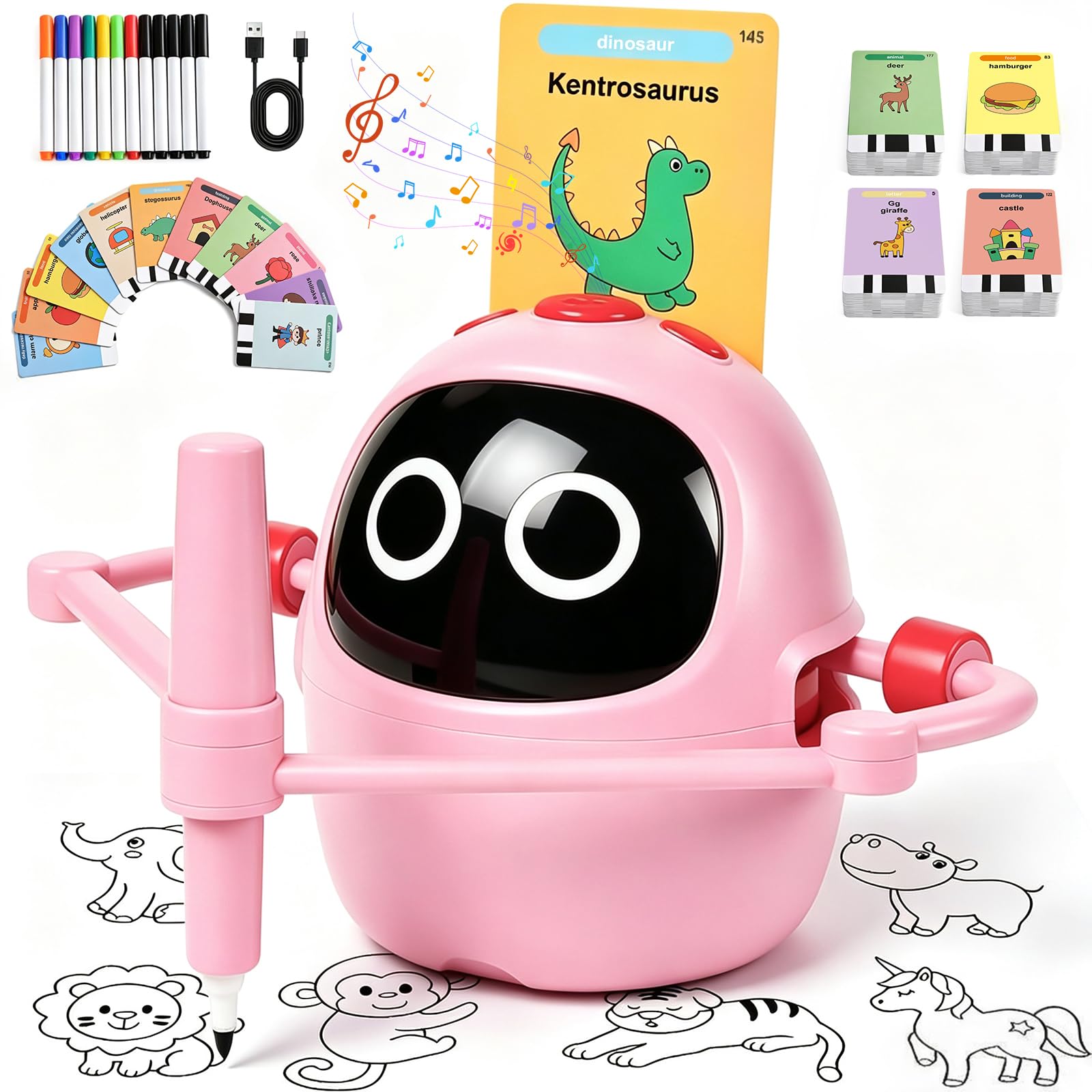 Robot da disegno per bambini, 220 carte educative con guida vocale Montessori, giocattolo da pittura per ragazze e ragazzi 3-8 anni, regalo di compleanno e Natale (rosa versione inglese)