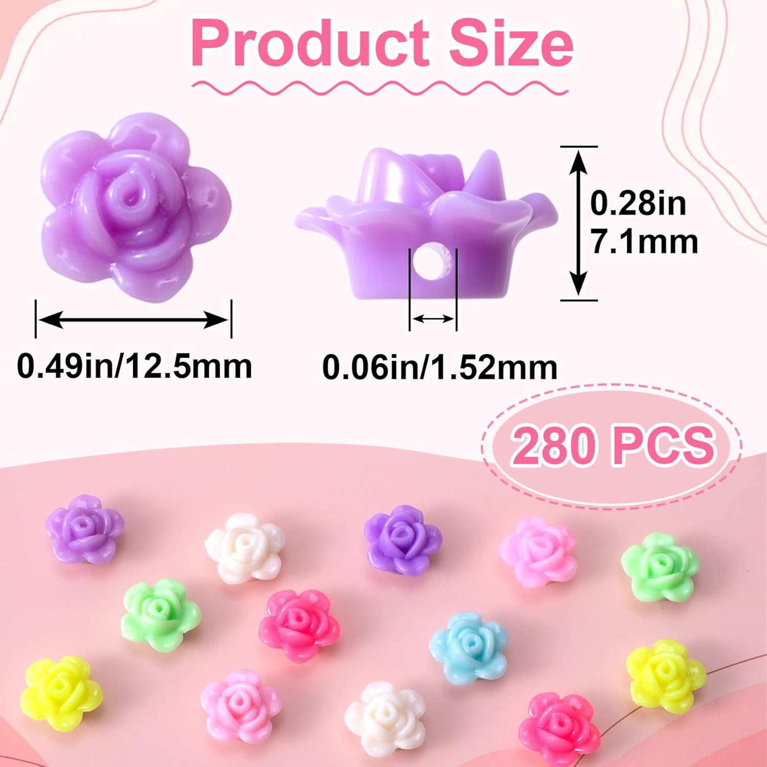 280 Pcs Colorful Flower Beads, Carved Rose Beads, Flat Back Acrylic Bead, Flower Bead for Jewelry Making, Bracelets, Necklaces, DIY Crafts (Multiple Colors) - Image 2