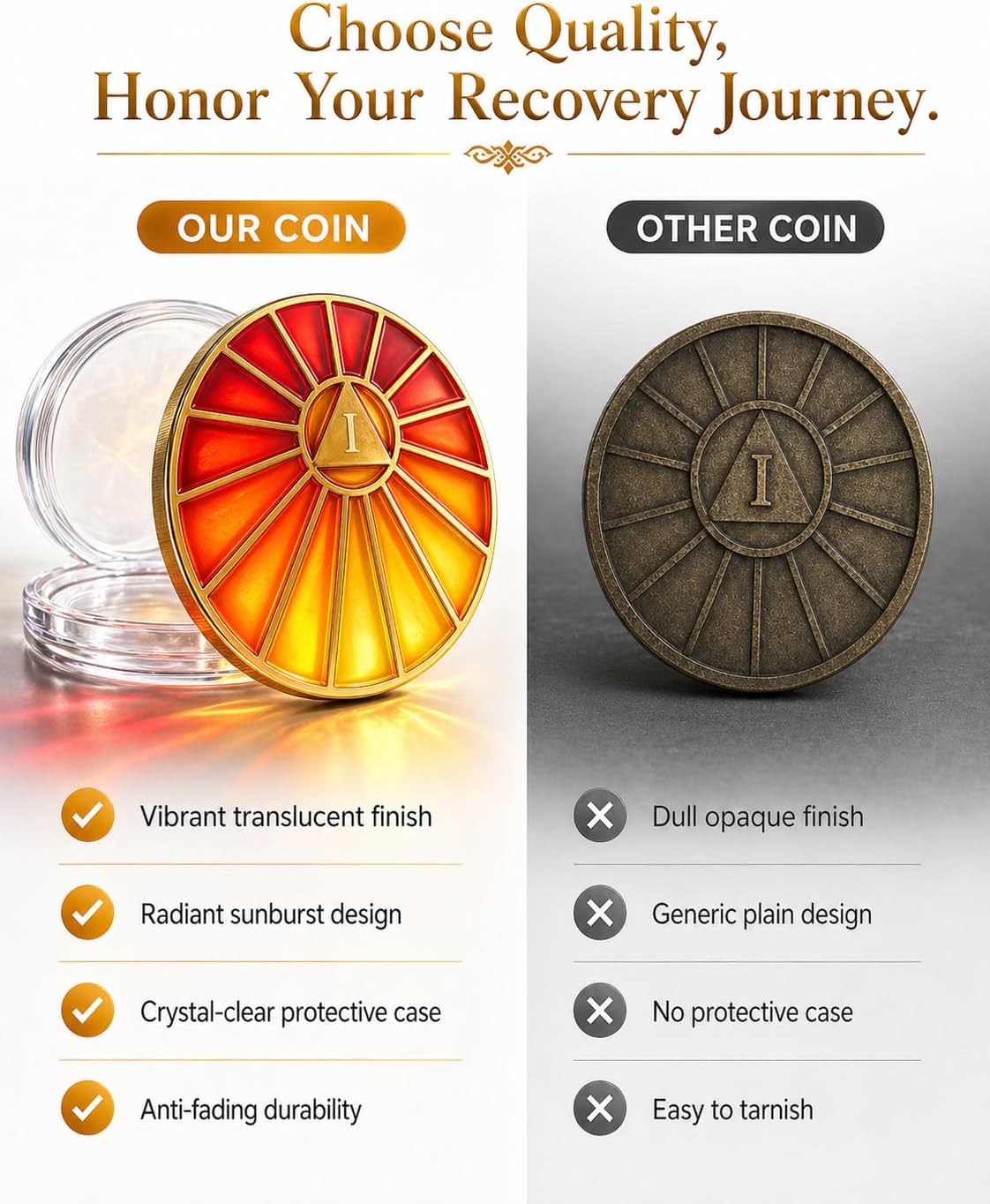 Sunburst 1 Year Sobriety Coin | Radiant Translucent Stained Glass Design - AA Medallion Fits Big Book Window, Recovery Milestone Alcoholics Anonymous Gift for Men Women Sponsor