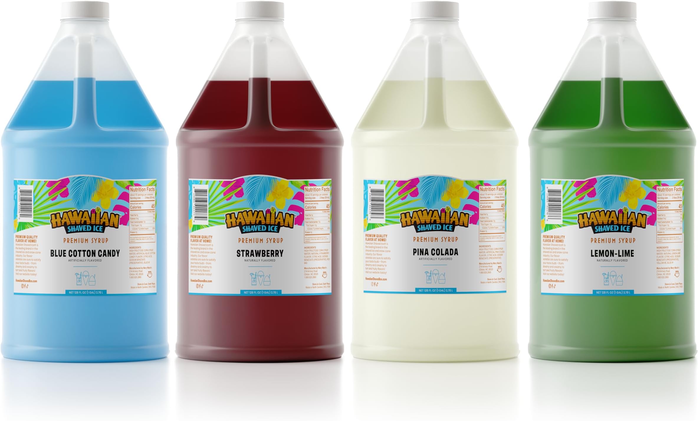 Hawaiian Shaved Ice Syrup Gallon 4-pack, Blue Cotton Candy, Strawberry, Pina Colada, Lemon-Lime, for Slushies, Italian Soda, Seltzers, Popsicles, & More, No Refrigeration Needed, Allergy-friendly