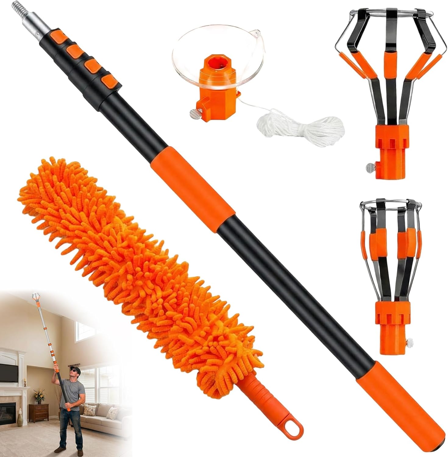 26FT Telescopic Light Bulb Changer for High Ceilings with 5-20FT Extension Pole, Flip-Tab Lock Universal Tool w/ Basket, Suction Cup, Grabber & Duster for Recessed, Ceiling Fans, Hard-to-Reach Lights