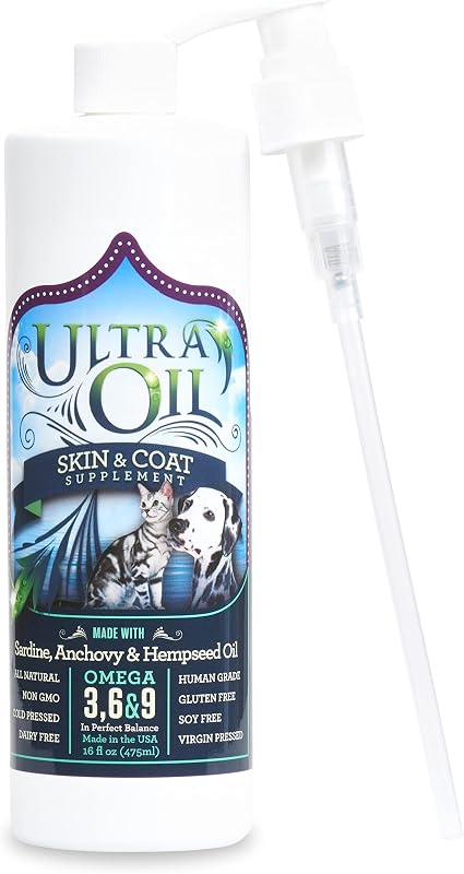 Suplemento Ultra Oil para piel y pelaje para perros y gatos con semillas de cáñamo, linaza, semillas de uva y aceites de pescado para aliviar la picazón en la piel seca, el pelaje opaco, los puntos calientes, la caspa y las alergias, (16 oz) | aceite de pescado, aceite de linaza y aceite de semilla de uva para piel seca, picazón y alergias; Ácidos grasos omega 3, 6 y 9