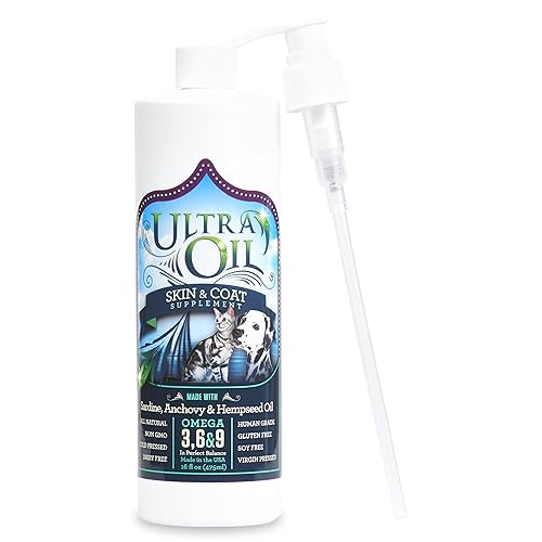Ultra Oil Skin and Coat Supplement for Dogs and Cats with Hemp Seed, Flaxseed, Grape Seed, and Fish Oils for Relief from Dry Itchy Skin, Dull Coat, Hot Spots, Dandruff, and Allergies, (16 oz) - 16oz - Skin & Coat