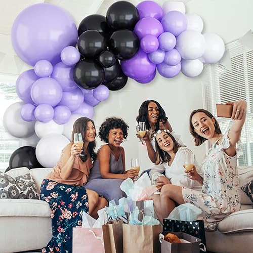 Miniatura 7 de Kit de arco de globos morados, negros y blancos, globos de látex para cumpleaños, color macarrón, morado, negro, blanco, 5, 10, 18 pulgadas, kit de