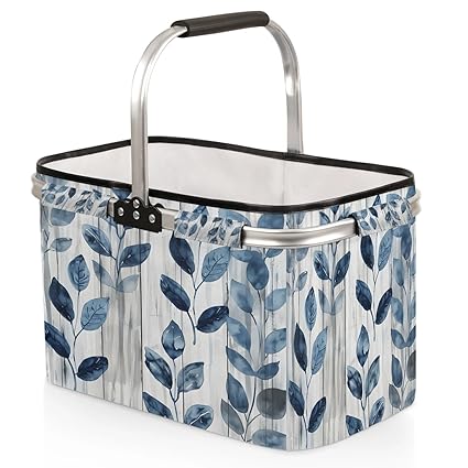 Kizmoglux Blue Eucalyptus Leaves Botanical Collapsible Market Basket, Foldable Picnic Basket - Large Shopping Basket with Handles, Portable Folding Bag for Shopping Camping Picnic