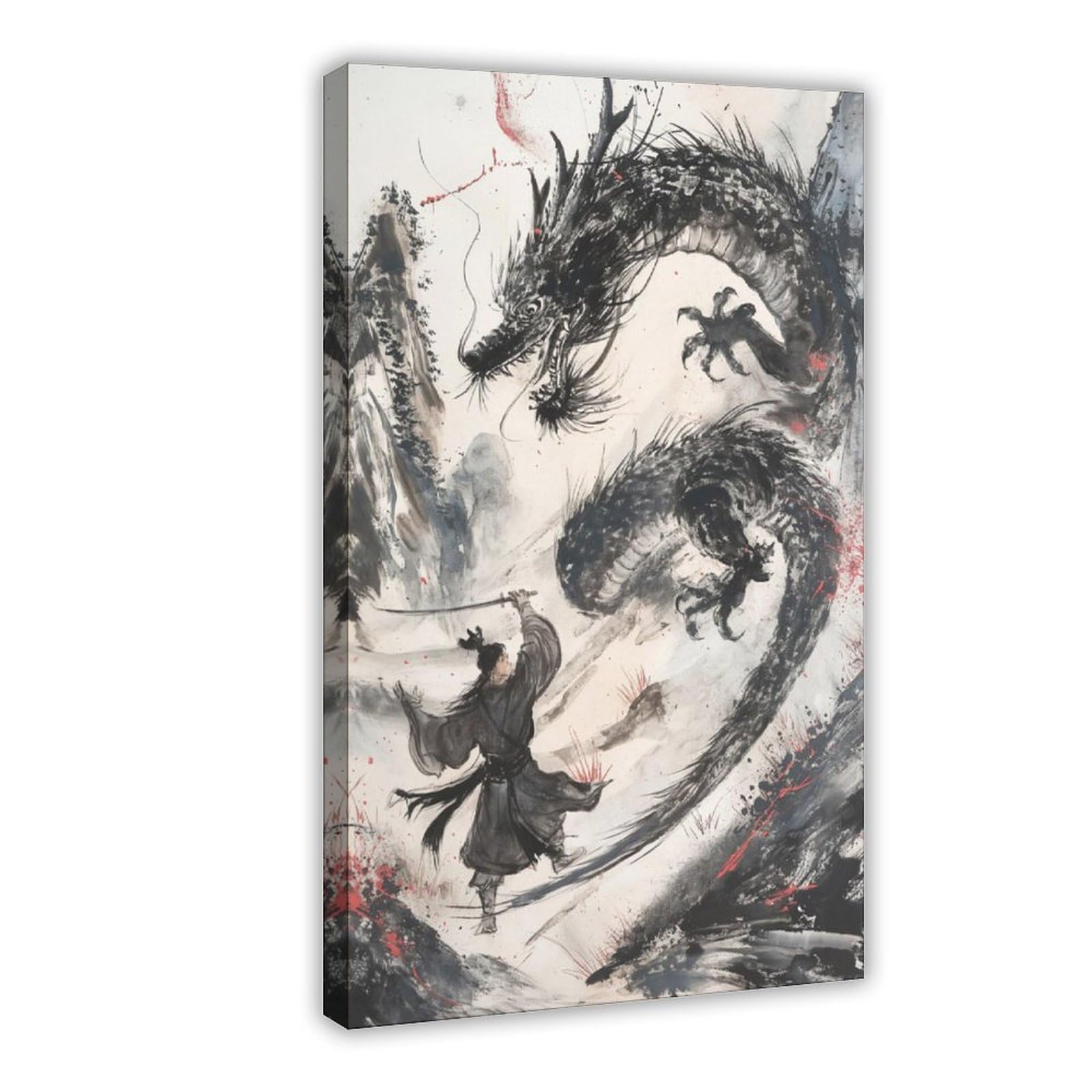 Bareronor Japanese Dragon And Samurai Canvas Poster Bedroom Decor Landscape Office Room Decor Gift 24" L X 36" W