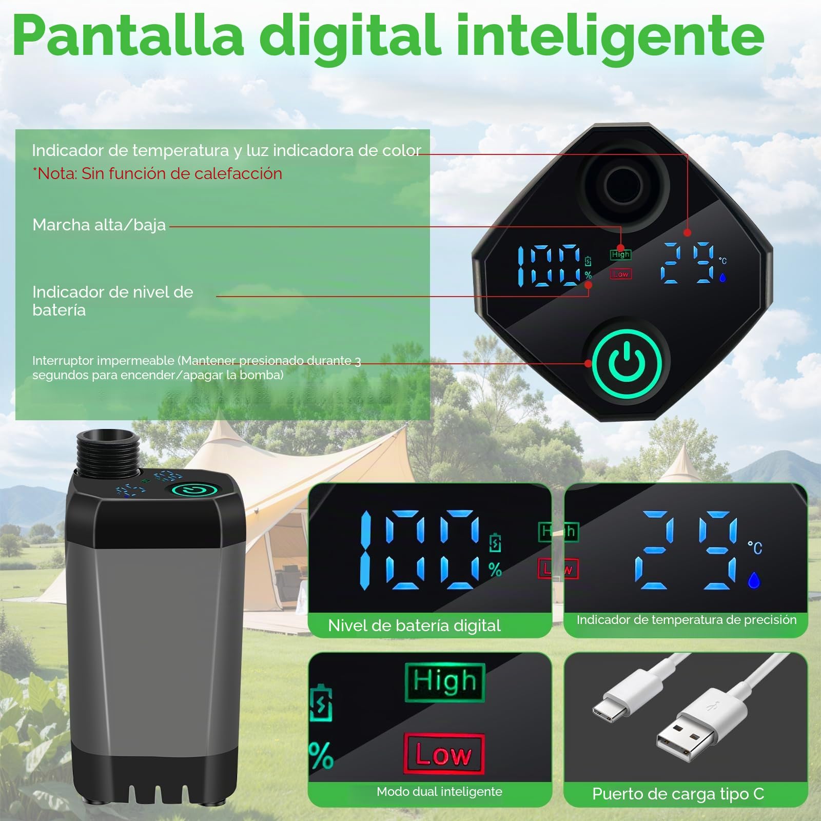 Mkitnvy Ducha Portátil Camping con Cubo Plegable 20L, 6000mAh Recargable Ducha Camper con Pantalla de Temperatura y Batería, Bomba Eléctrica IPX7 para Acampar, Jardín, Lavado de Coches, Mascotas