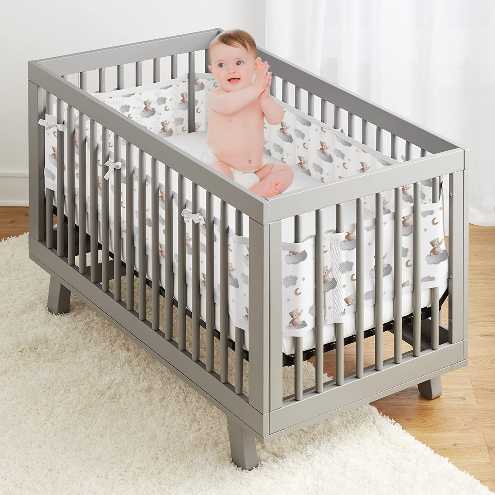 2 Pièces Tours de Lit Bébé Cabane,4 Côtés Tour de Lit Respirant Doublure en Maille 3D Anti-Flux d'air,Protection des Bords,Réglable, Amovible - 340cmx30cm + 160cmx30cm (Ours)