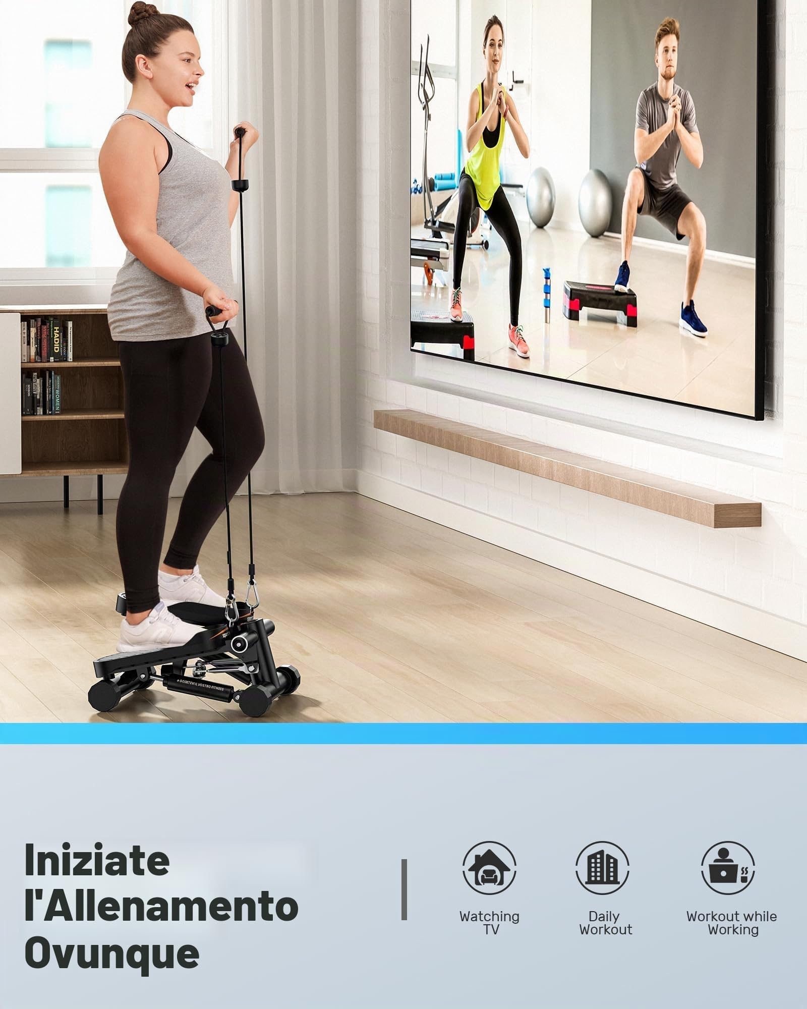 Sportsroyals Stepper Fitness 3in1 | Mini Stepper Fitness Casa con Bande di Resistenza + Monitor LCD, 150 kg