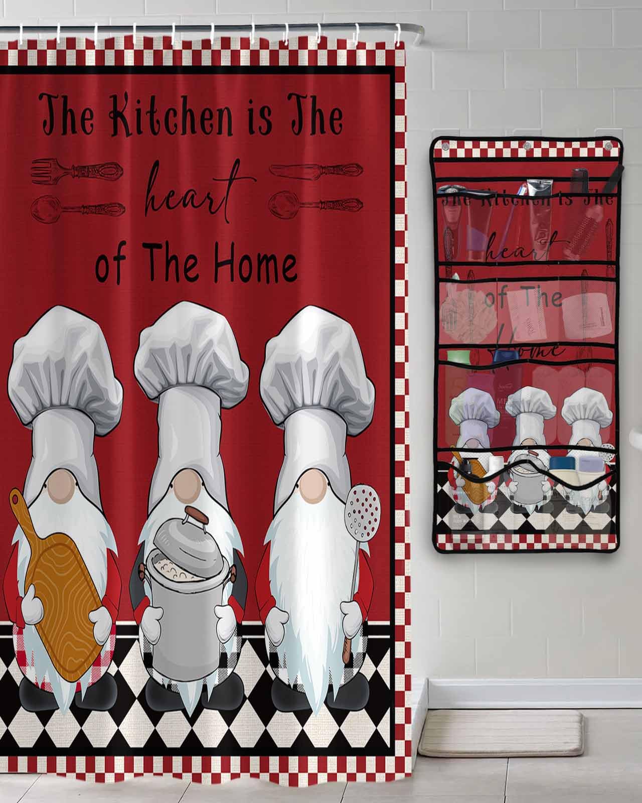 Shower Curtain Mesh Shower Organizer Hanging Set The Chef Gnome Kitchen Black Buffalo Plaid Red Waterproof Shower Curtains