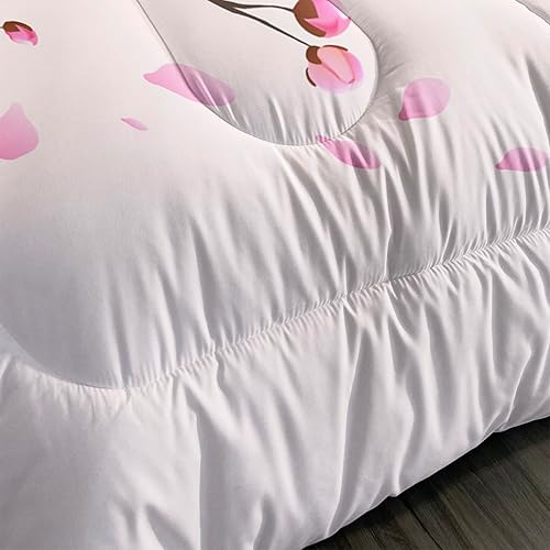 Miniatura 4 de XYNHML Juego de edredón de flores de cerezo, tamaño matrimonial, 3 piezas, diseño romántico de color rosa, edredón de plumón floral para niña con 1