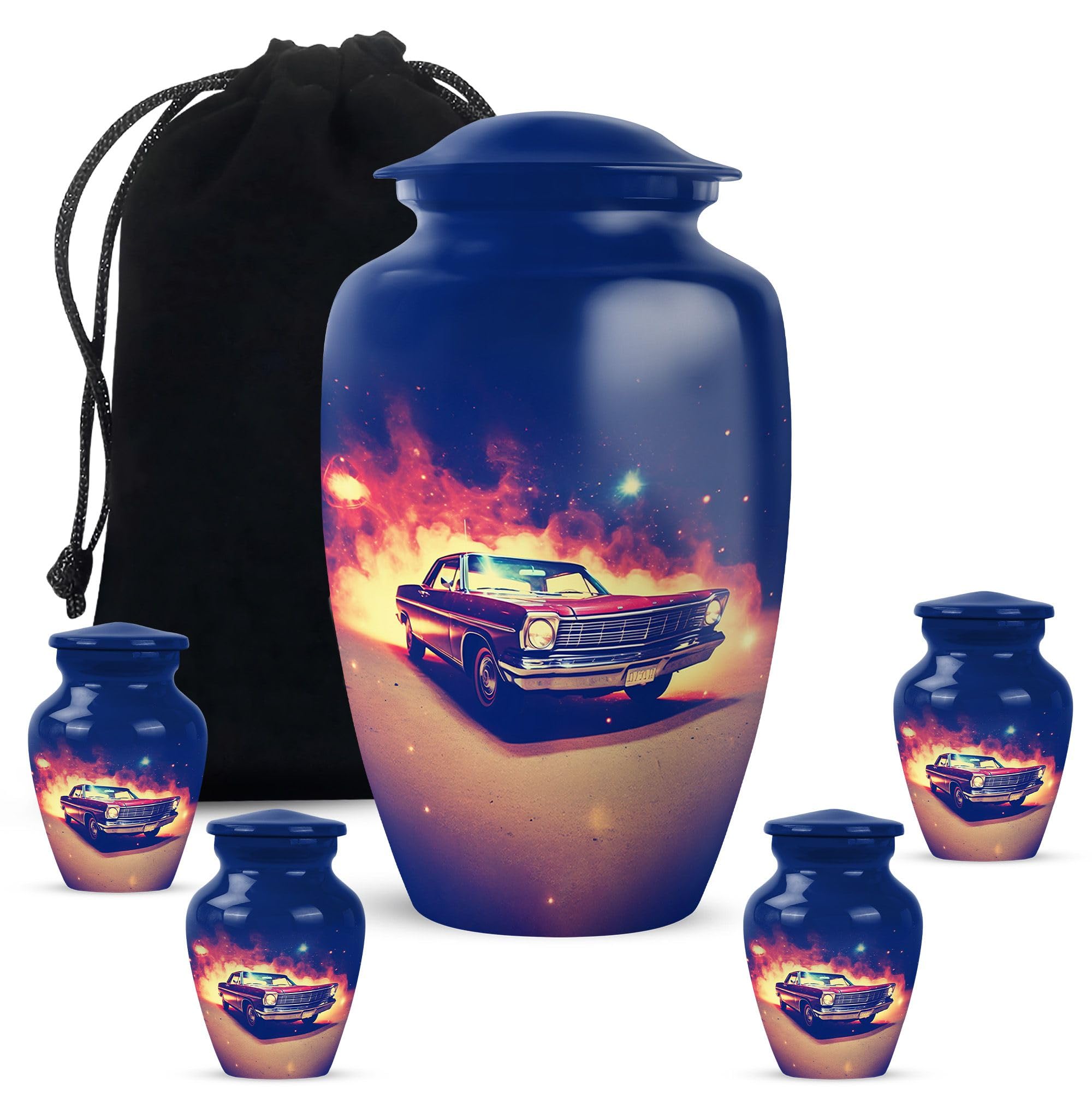 YATHABHISA Car-Themed Funeral Urn Combo – 1 Large (10-Inch) and 4 Mini (3-Inch) Handcrafted Ash Urns – Memorial Gift Set for Adults