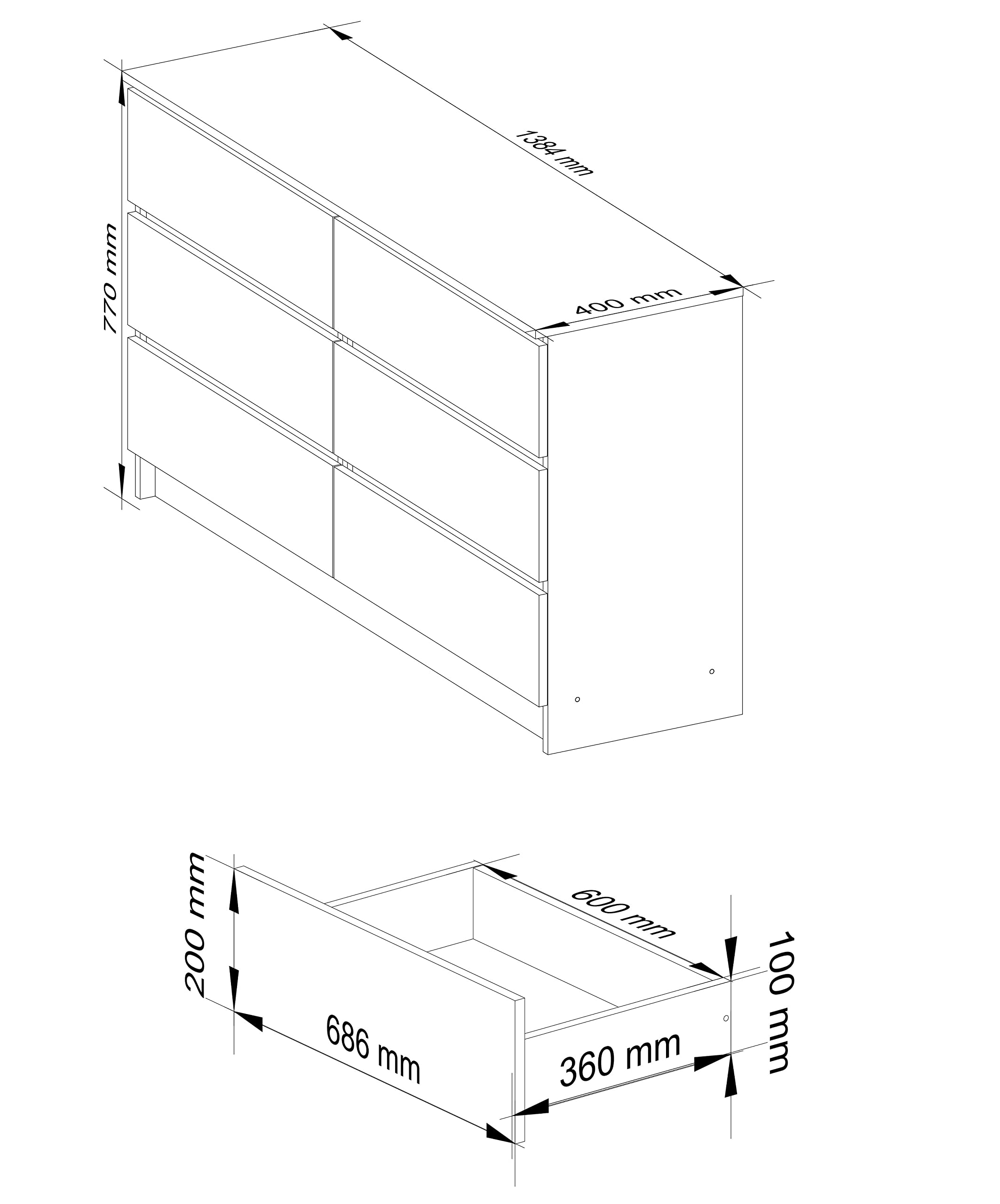 AKORD Commode K-140 avec 6 Tiroirs | Commode Classique pour La Chambre, Salon | Meuble de Rangement | L138 x H77 x P40 cm, Poids 51 kg | Blanc