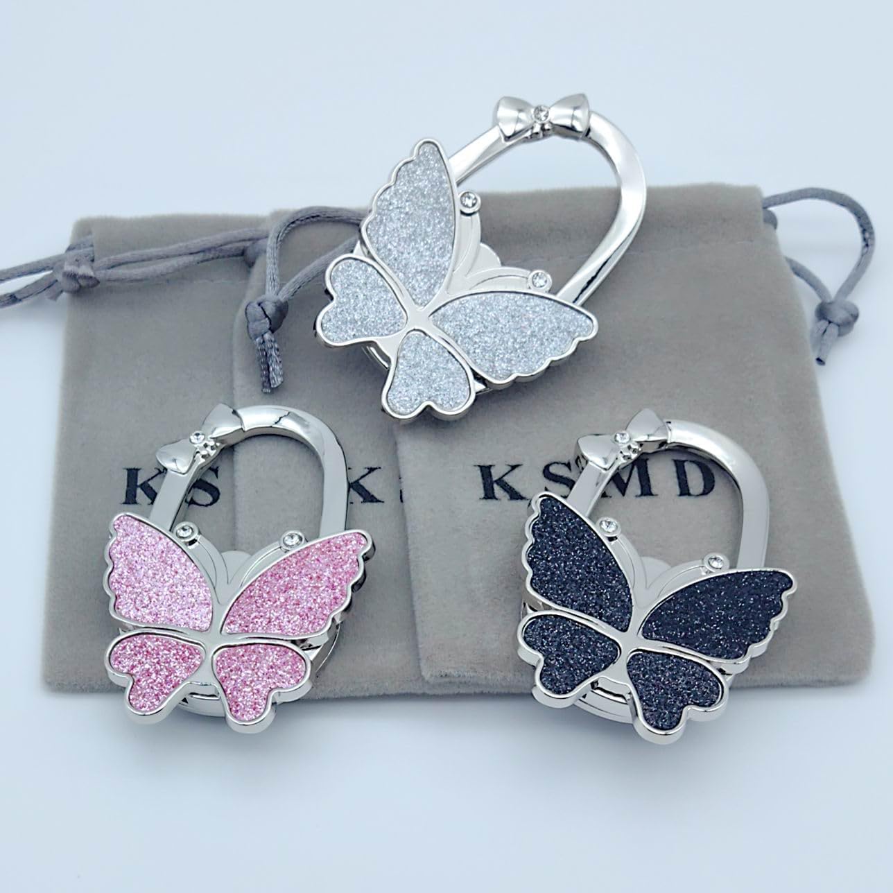KSMD Purse Hooks for Table and Bars,Portable Purse Hanger Organizers Hooks Handbag Holder Pocketbook Holder Bag Storage for Desk Bag Hook,Foldable Folding Table Hook Hanger (Butterfly 3pcs)