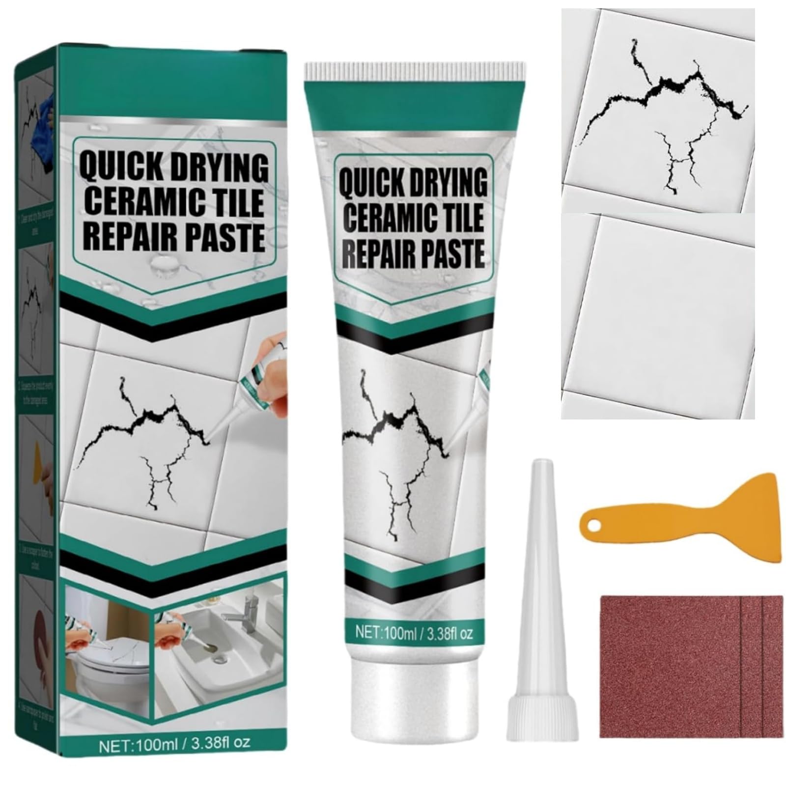 100ML Ceramic Tile&Porcelain Repair Kit - Ceramic Tile Repair Paste for Small Holes, Cracks, Scratches - Crack Hole Scratches Restore Paste - White Sink and Bath Filler Kit with Sandpaper and Scraper