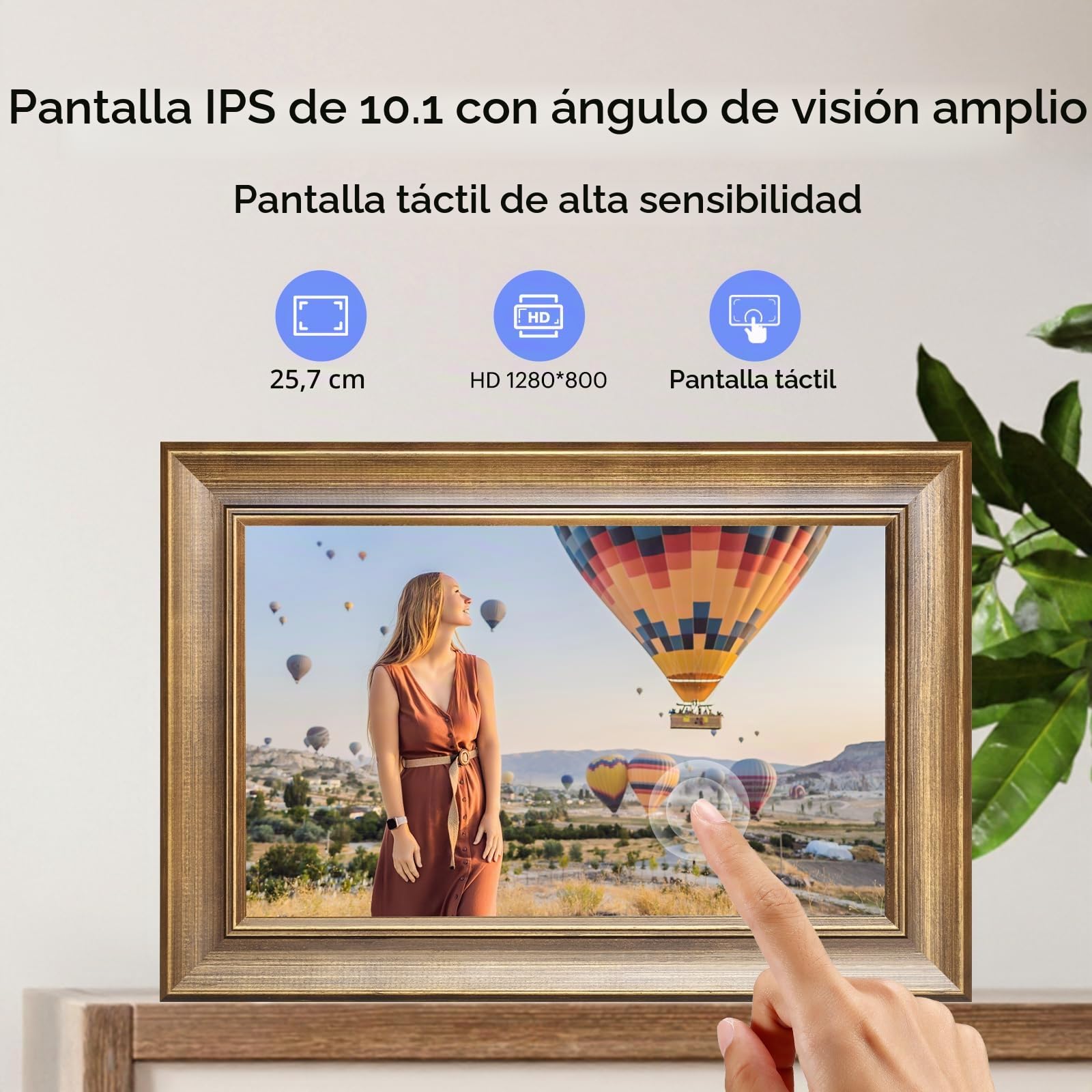 Marco de Fotos Digital WiFi Marco Digital de Foto de 10 Plgadas, IPS HD Pantalla Táctil, Smart Madera Marco para Fotos Electronico de 16GB Memoria, Auto-Rotación, Comparte Fotos/Videos Via App
